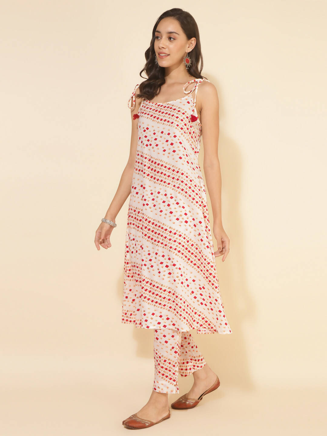Janasya Women's White Cotton Geometric Printed Casual A-line Co-ords - Swadesiicart