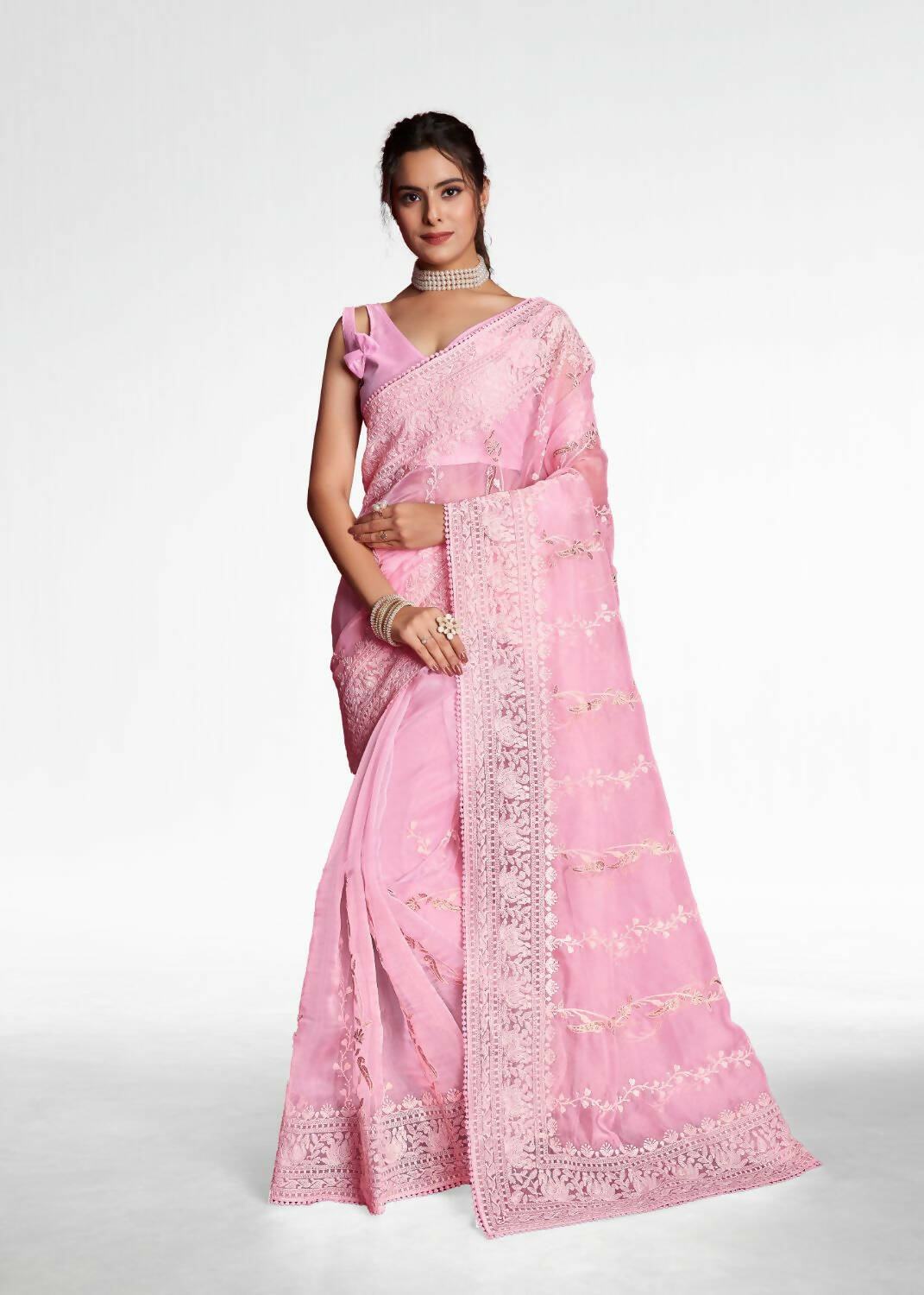 Vamsee Pink Organza Saree - Swadesiicart