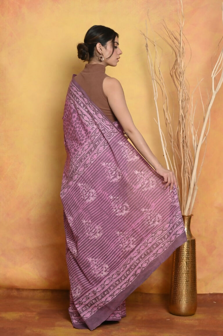 Very Much Indian Handblock Printed Cotton Saree With Natural Dyes - Pink | Swadesiicart