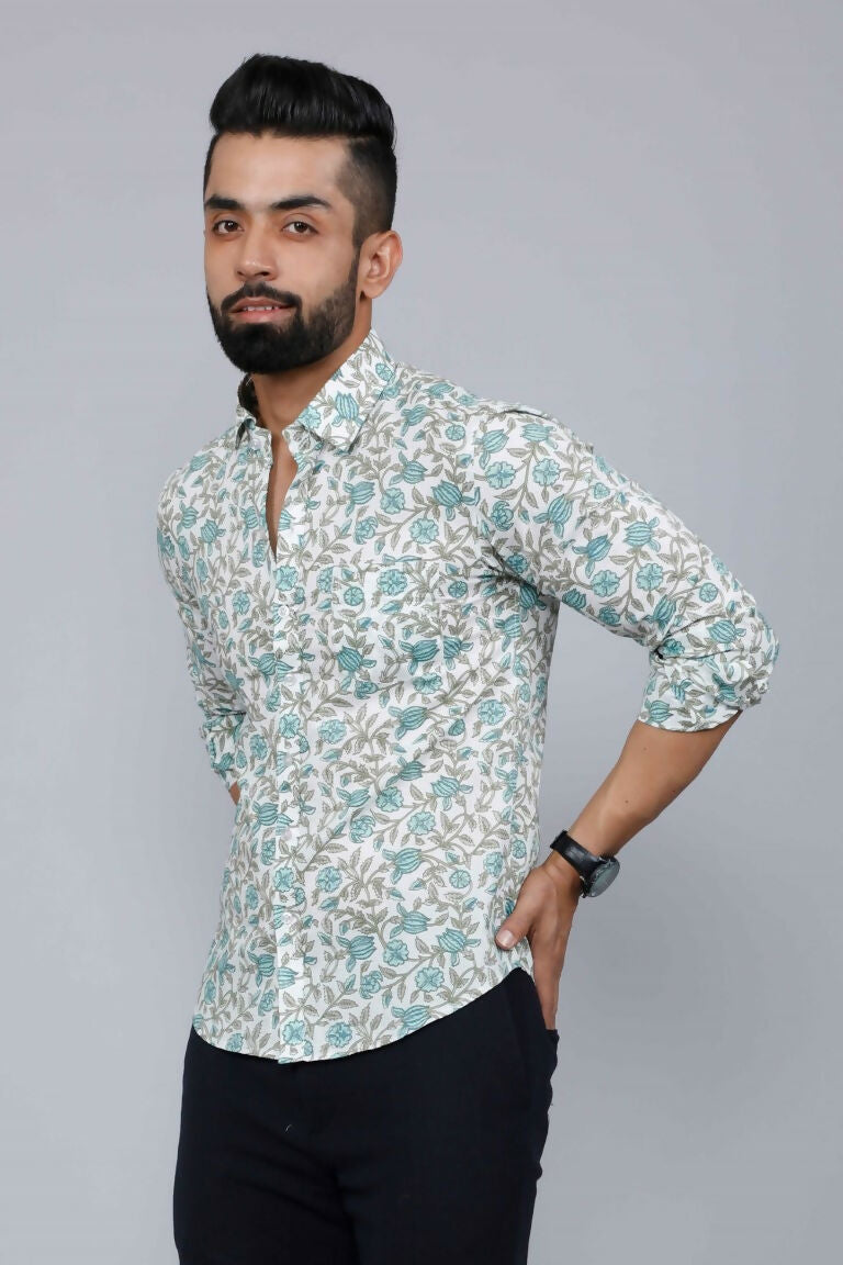 Miravan Men's Spread Collar White & Green Floral Print Slim Fit Shirt | Swadesiicart