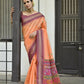 Vishnu Weaves Women's Orange Handloom Raw Silk Saree with Blouse - Swadesiicart