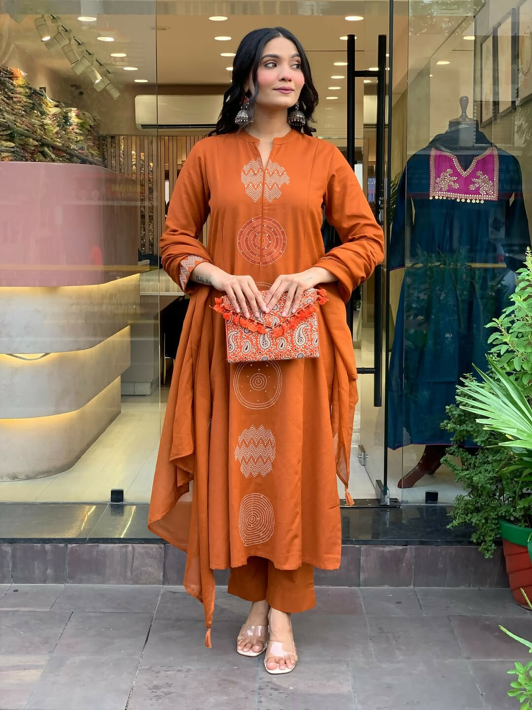 The52 Orange Women's Gorgeous Chanderi Fabric Embroidered Work Straight Kurta Pant and Dupatta Set - Swadesiicart