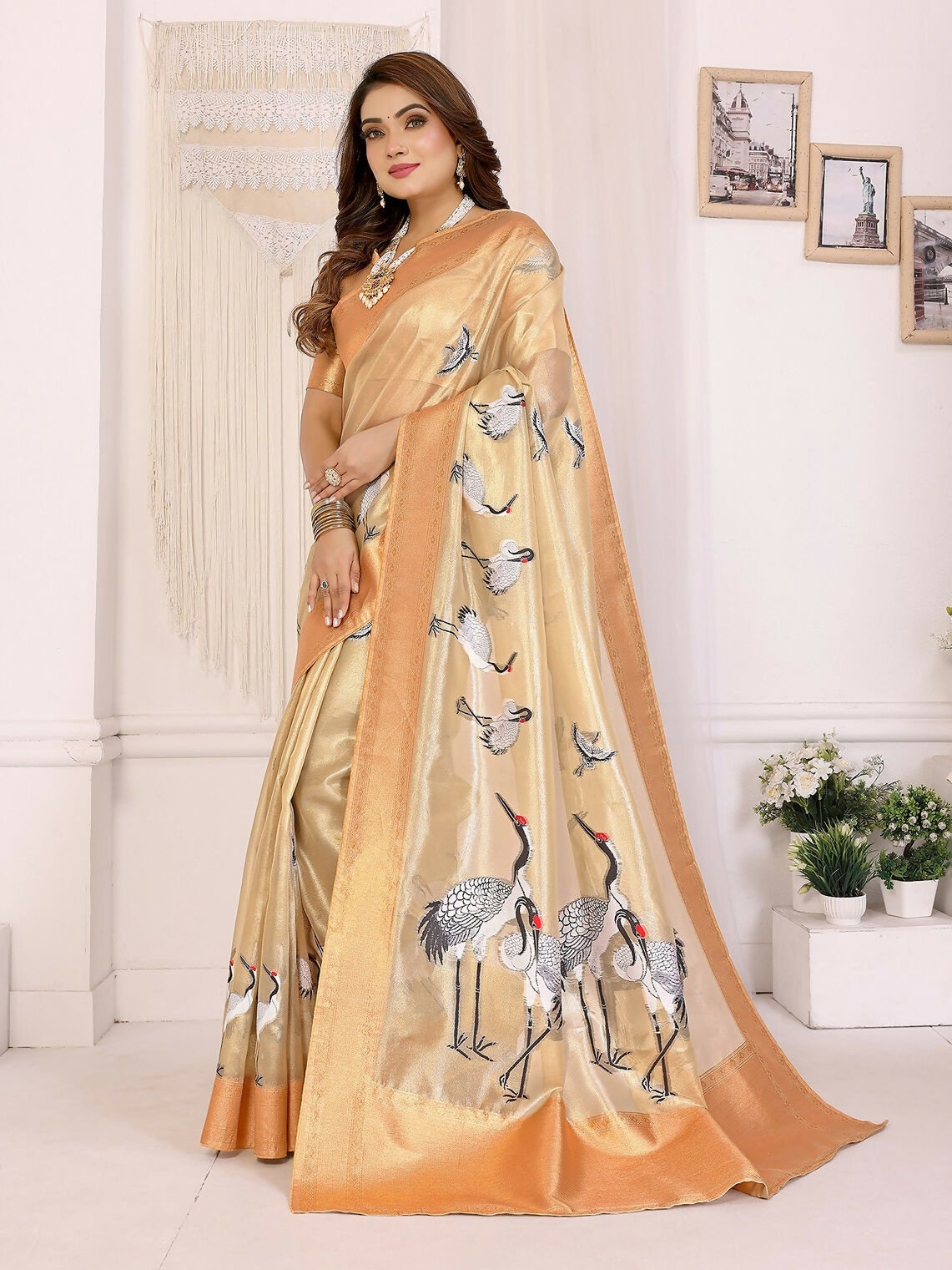 Joban Fashion Golden Cranes Patterns Banarasi Silk Sarees | Swadesiicart