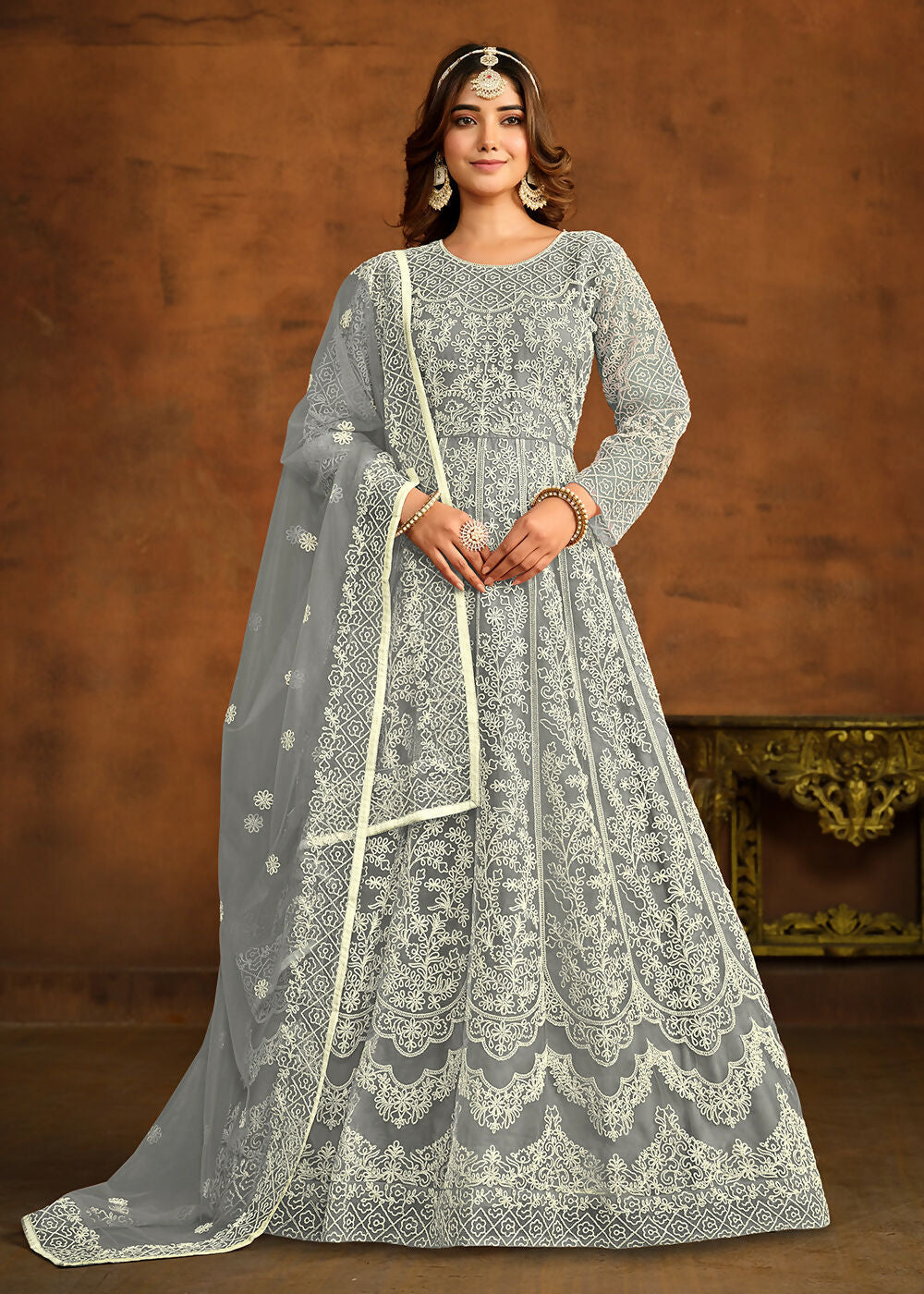 Grey All Over Embroidered Net Wedding Anarkali Suit - Emponline | Swadesiicart