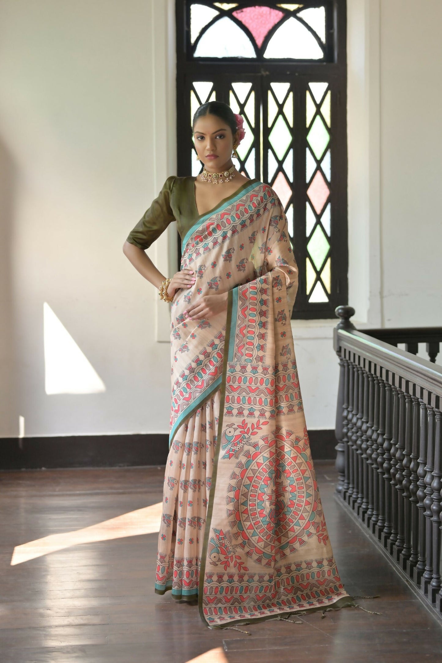 Vishnu Weaves Women's Mahendi Soft Tussar Silk Saree with Blouse - Swadesiicart