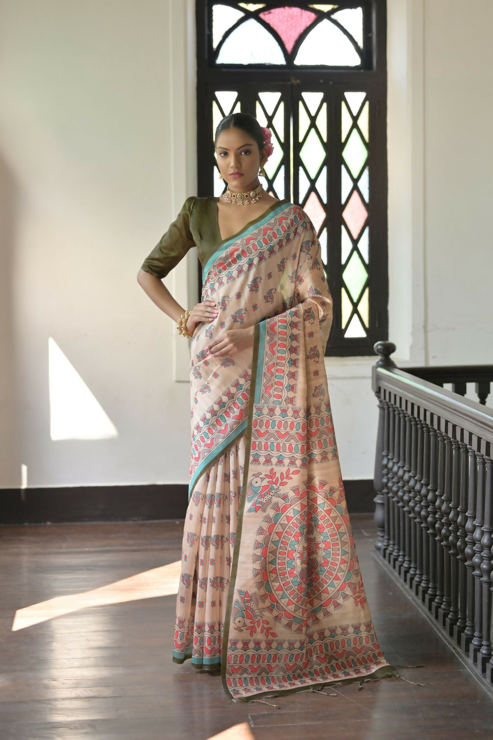 Vishnu Weaves Women's Mahendi Soft Tussar Silk Saree with Blouse - Swadesiicart