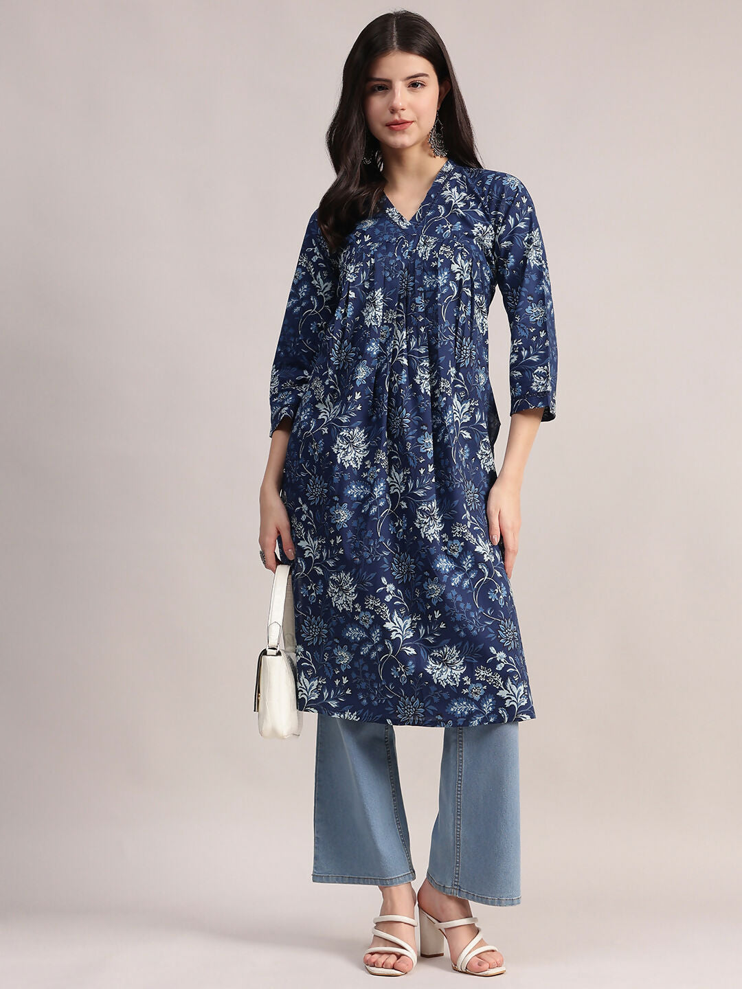 Aavyora Women's Navy Blue Floral Printed Cotton A-Line Kurta with Pintuck Detailing - Swadesiicart