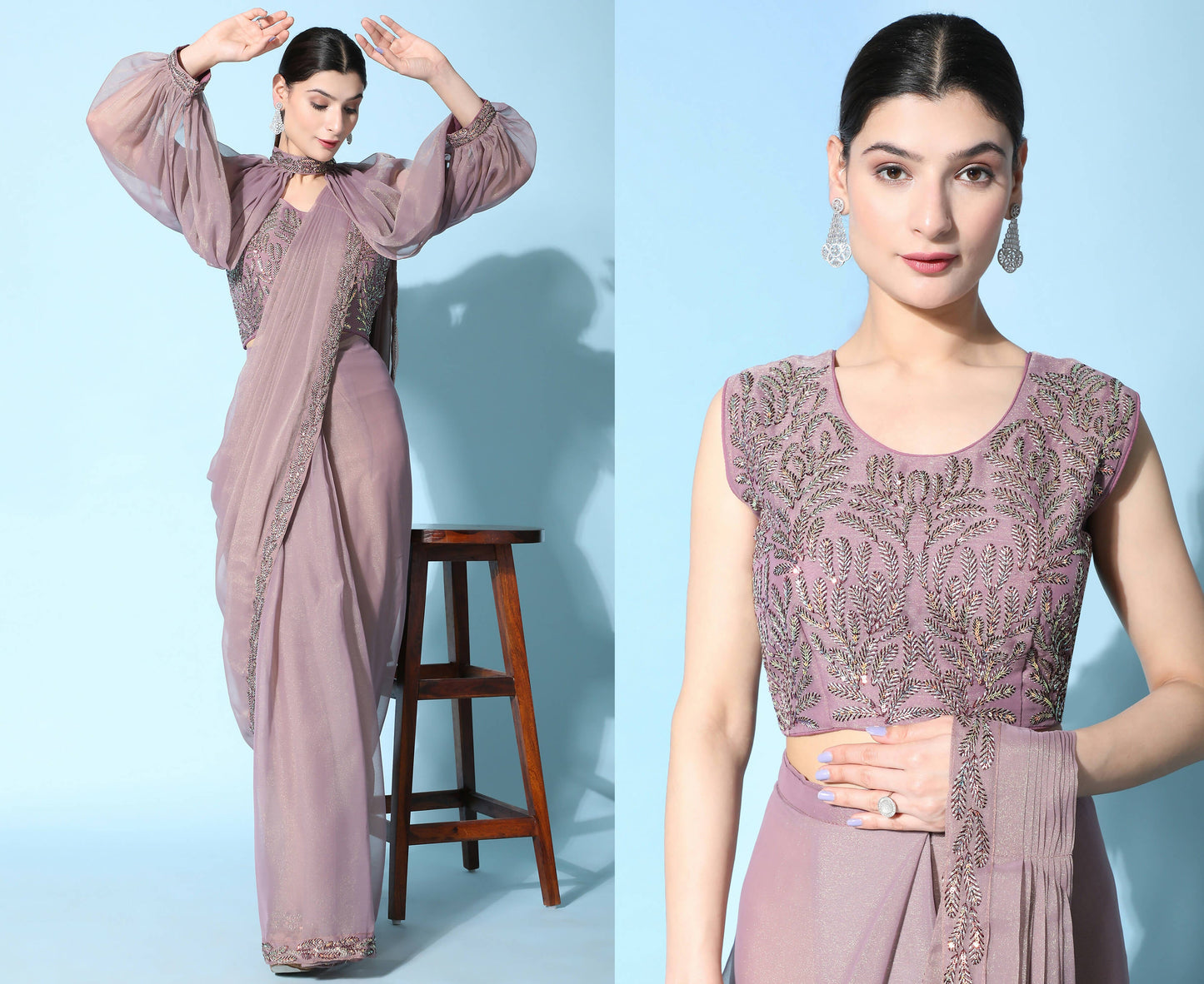Purple Fancy Pure Fabric Plain Ready to wear Saree with stitched Blouse - Vrinda | Swadesiicart