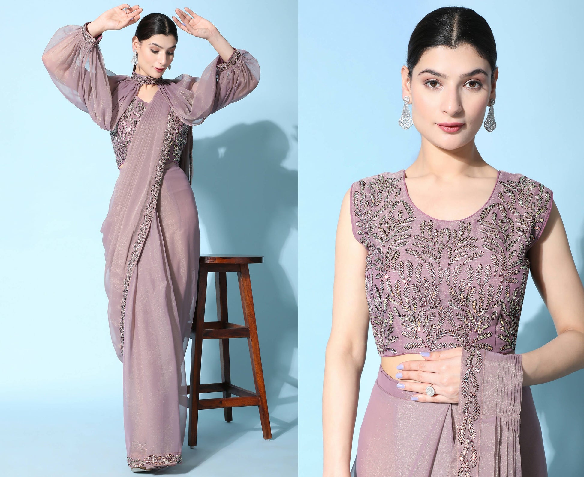 Purple Fancy Pure Fabric Plain Ready to wear Saree with stitched Blouse - Vrinda | Swadesiicart