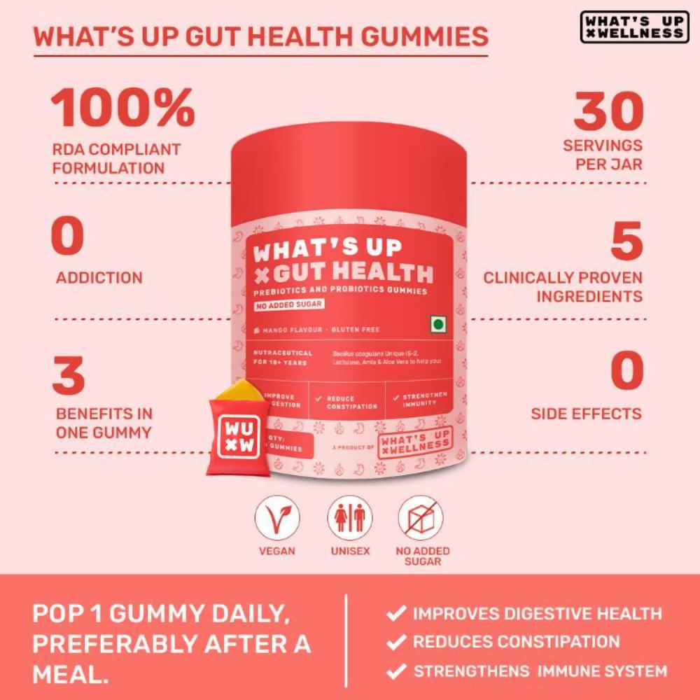 What's Up Wellness Gut Health Prebiotic & Probiotic Gummies - Mango Flavor - Swadesiicart