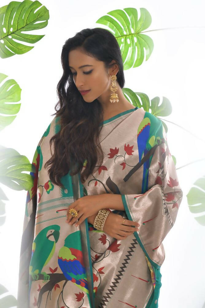 Vishnu Weaves Women's Rama Paithani Silk Zari Woven Saree with Unstitched Blouse - Swadesiicart