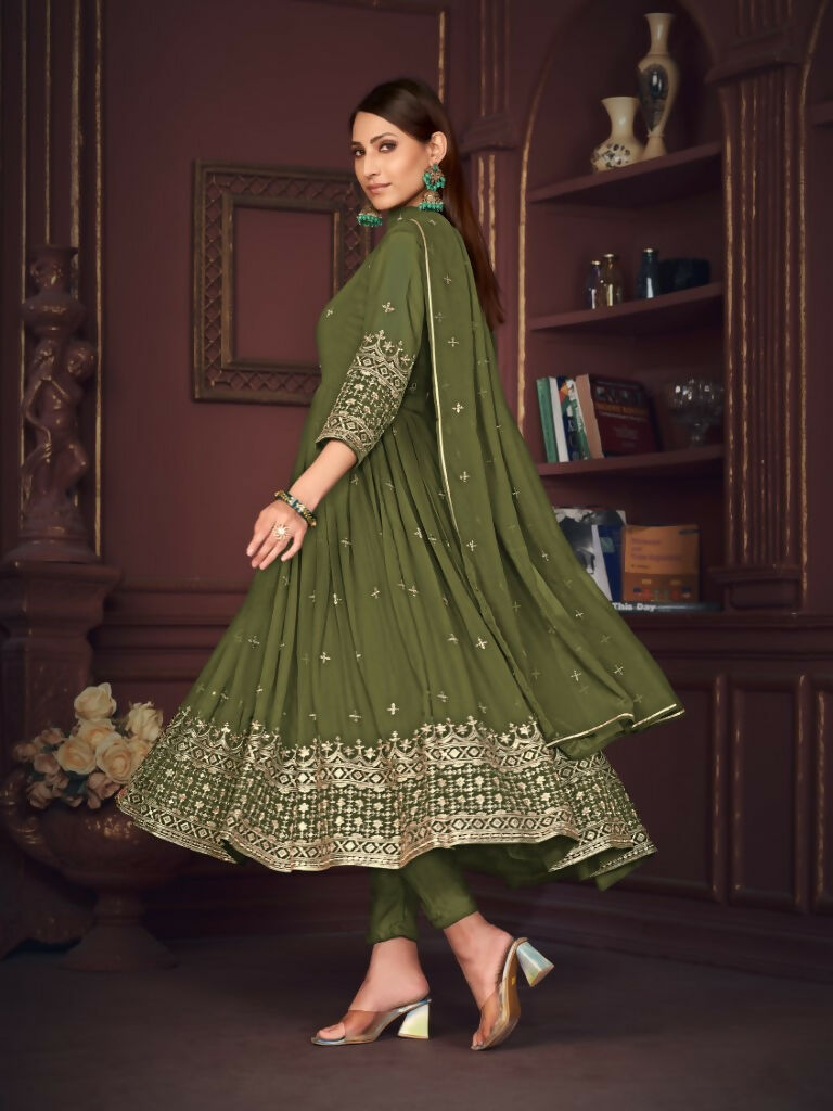 Jyoti Fashion Women's Olive Green Georgette Embroidered Anarkali Kurta Pant Set With Dupatta | Swadesiicart