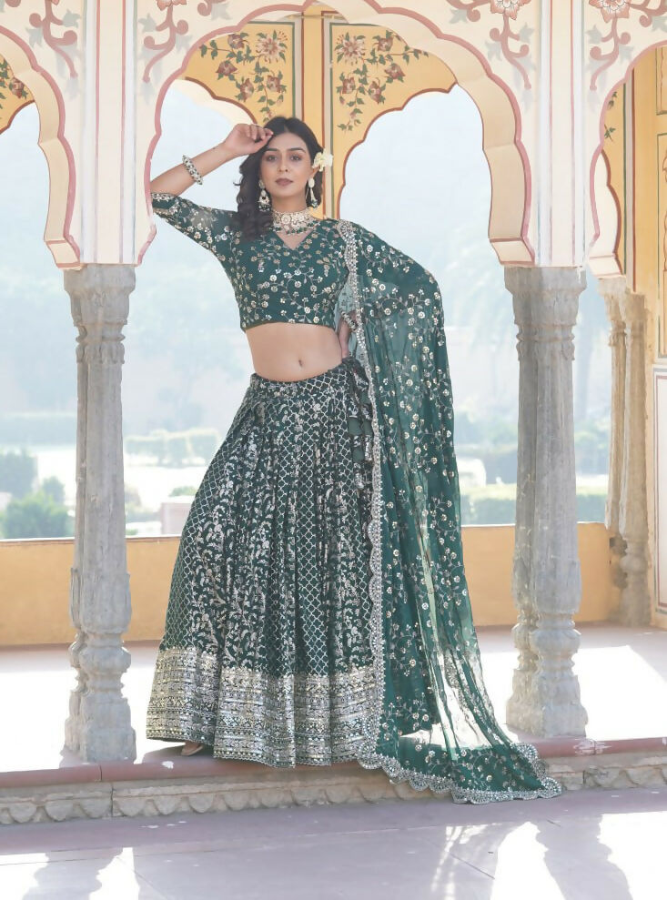 Lorenvalley Green Pure Viscose Jacquard With Embroidered Sequins work Lehenga Choli | Swadesiicart