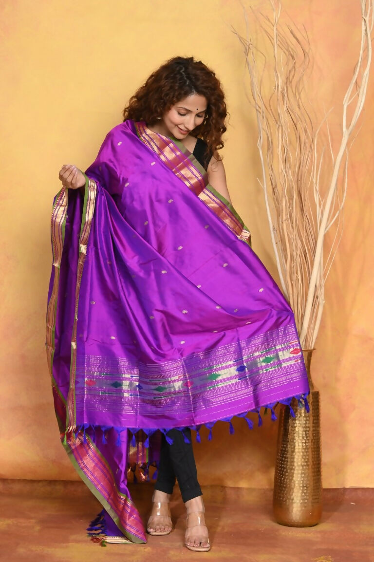 Very Much Indian Pure Silk Handloom Traditional Paithani Dupatta - Violet | Swadesiicart