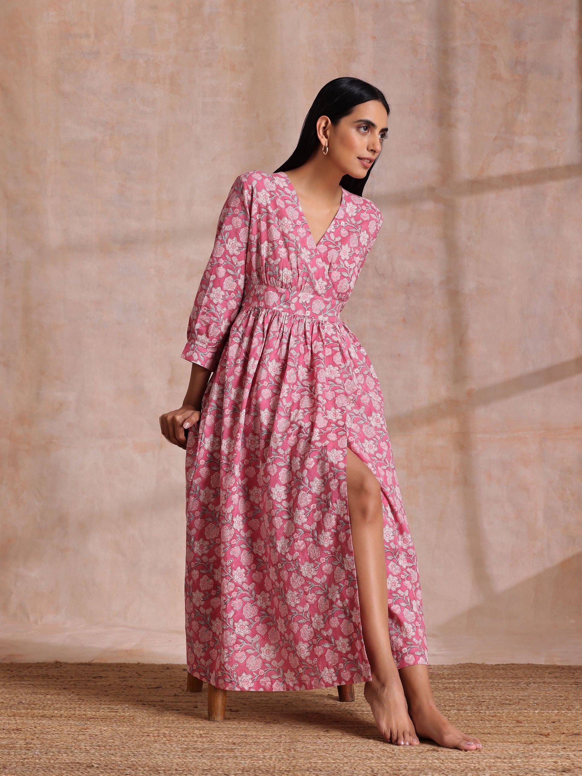 trueBrowns Pink Overall Floral Block Print Cotton Wrap Dress | Swadesiicart
