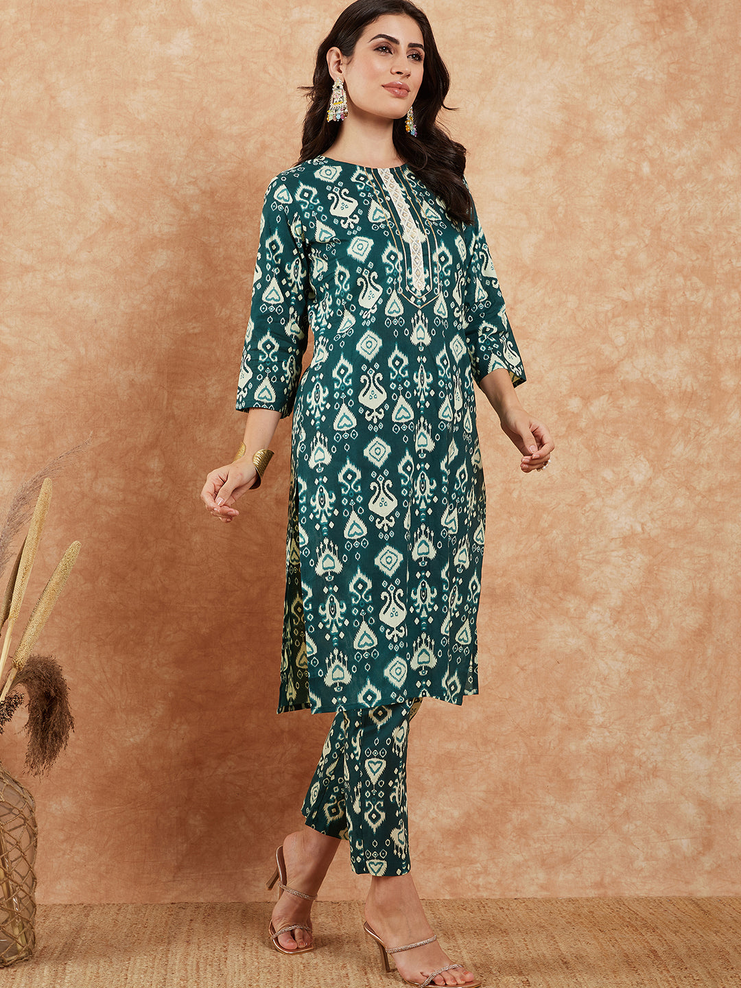InWeave Women's Peacock Blue Ikkat Print Gota Work Straight Kurta Pant Set - Swadesiicart
