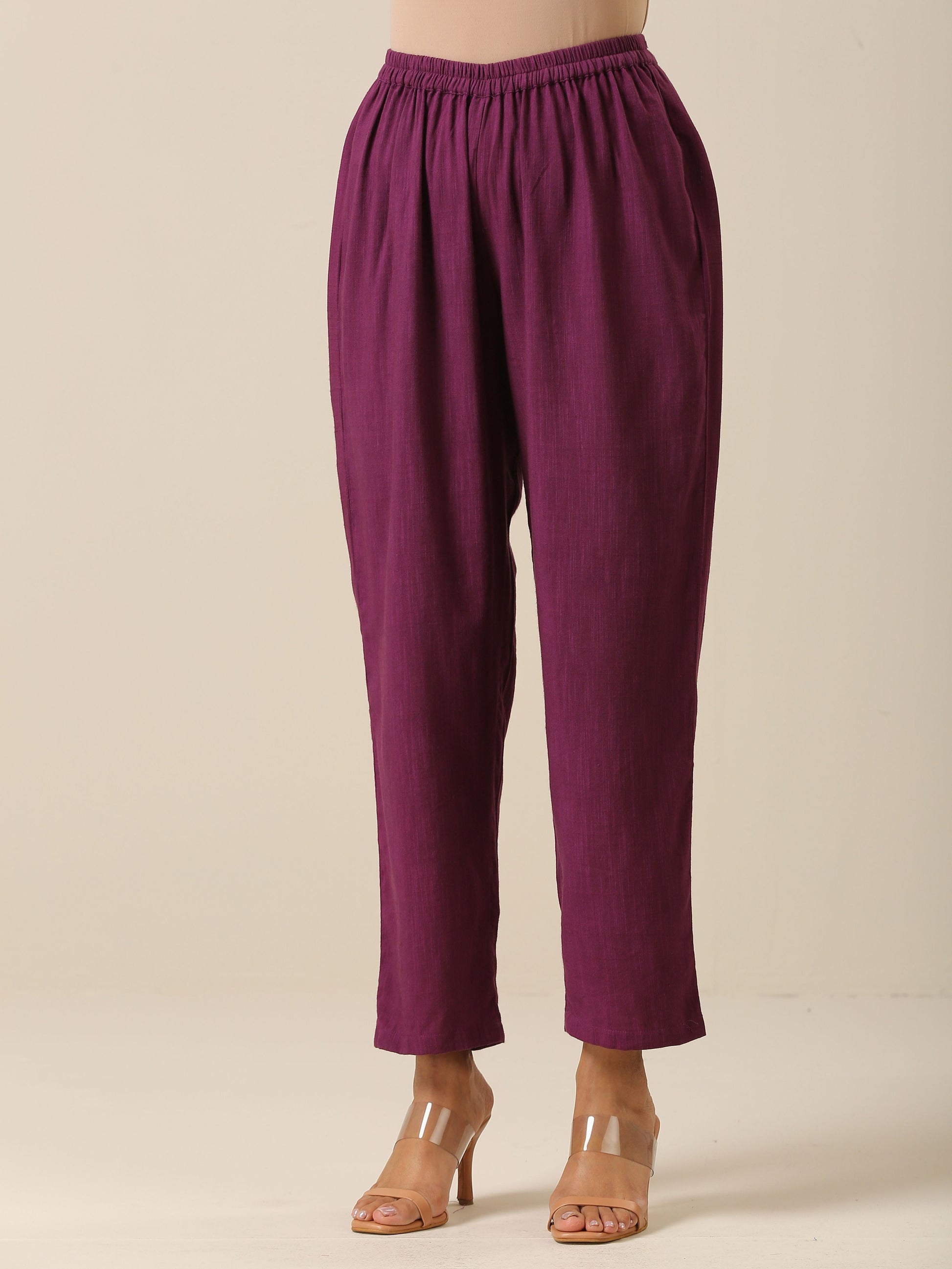 trueBrowns Plum Purple Slub Texture High Low Kaftan Pant Set | Swadesiicart