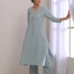 trueBrowns Eggshell Blue Dobby Neck Pleat Kurta Pant Set | Swadesiicart