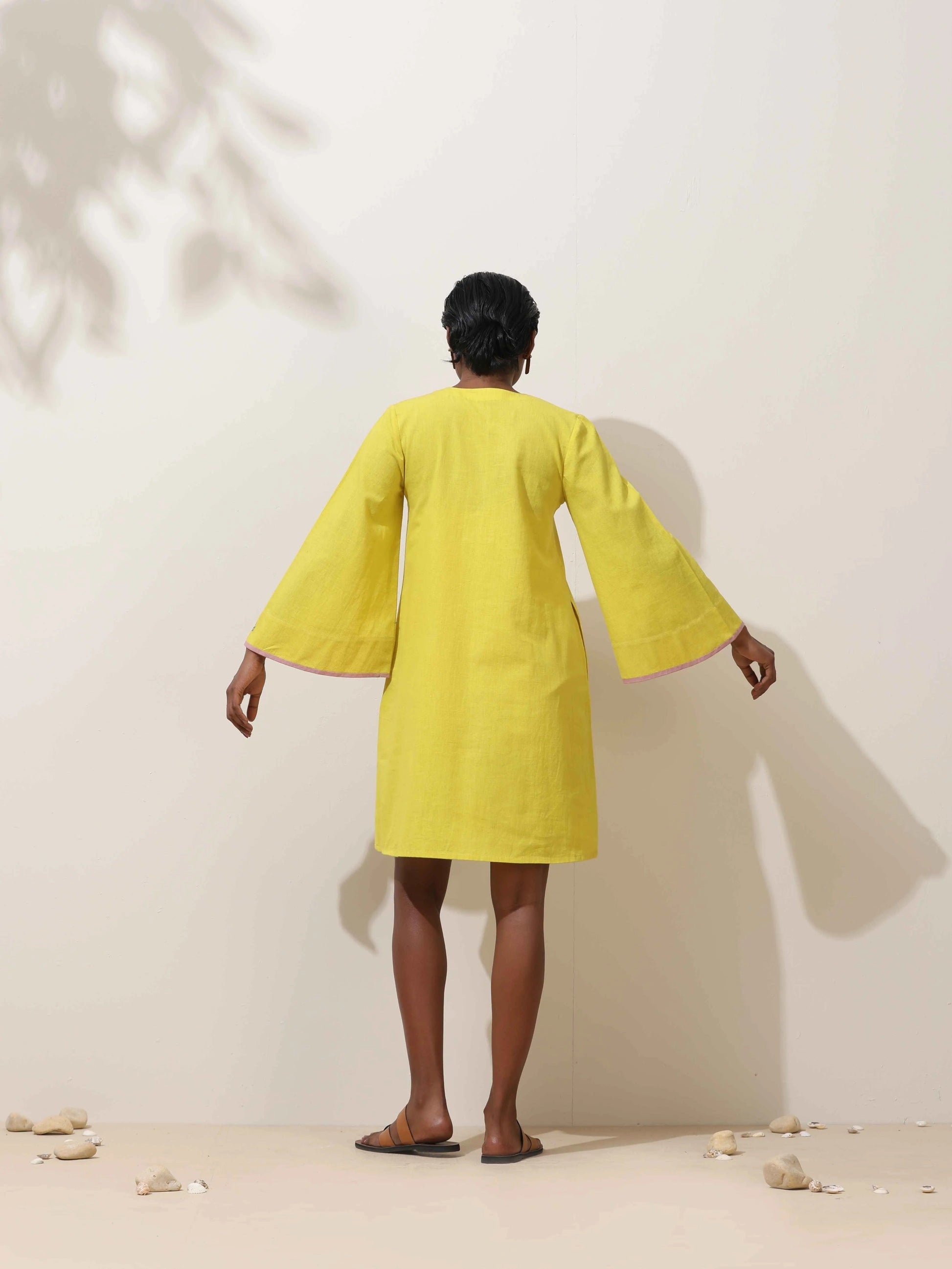 trueBrowns Lime Cotton Linen Dress | Swadesiicart