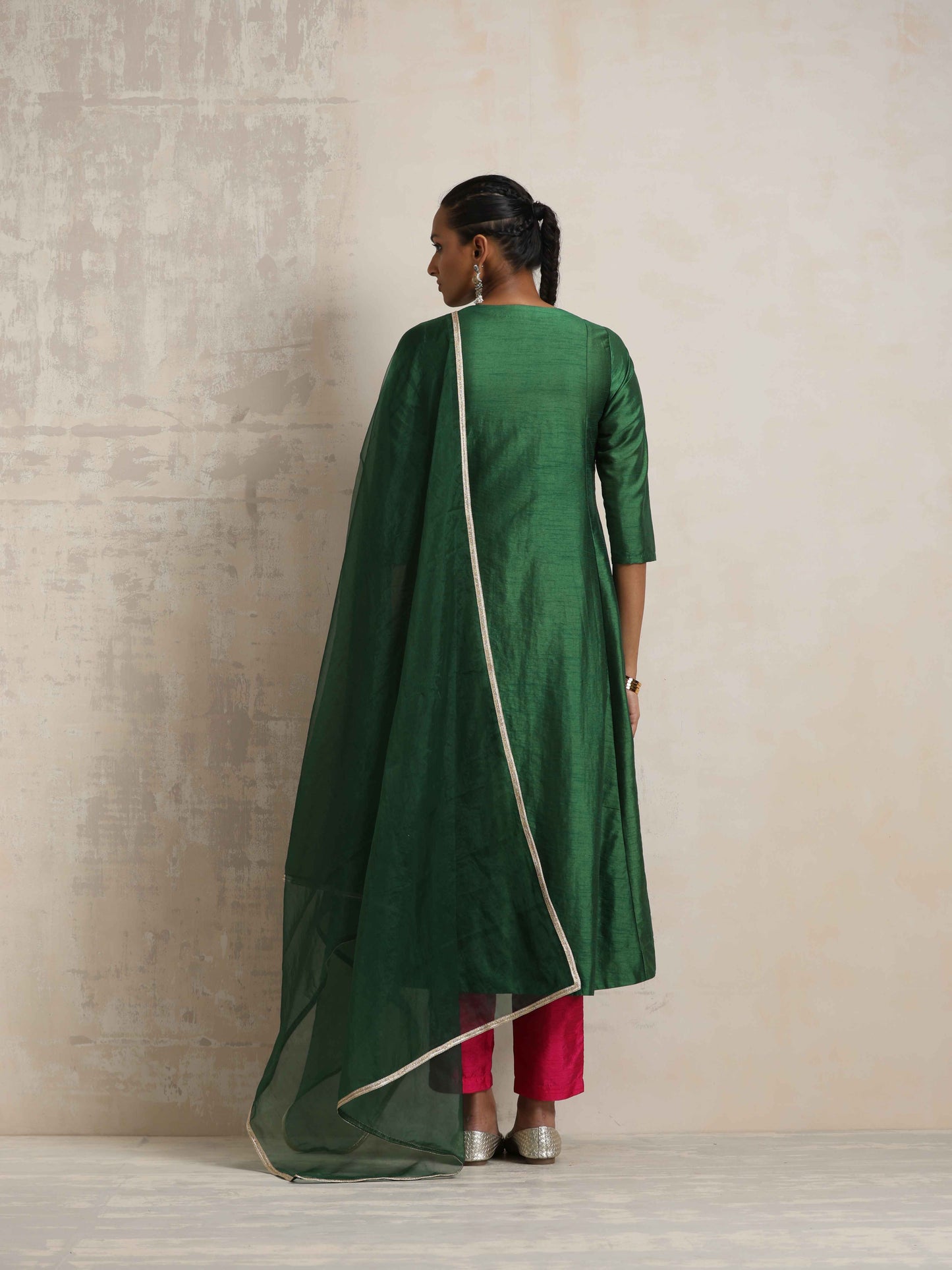 trueBrowns Dark Green Anarkali Kurta Pant Dupatta Set | Swadesiicart