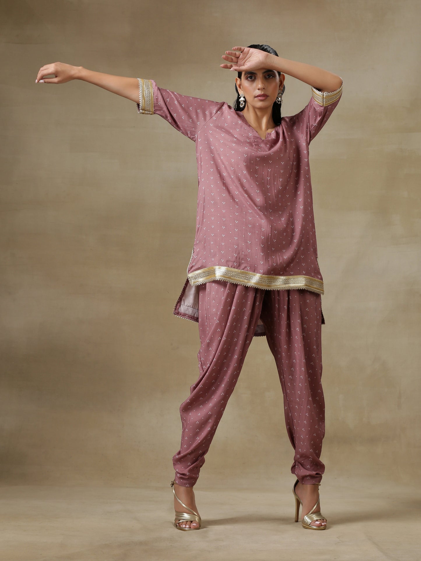 trueBrowns Dark Mauve Bandhani Printed Silk Loose Kurta Dhoti Pant Set | Swadesiicart