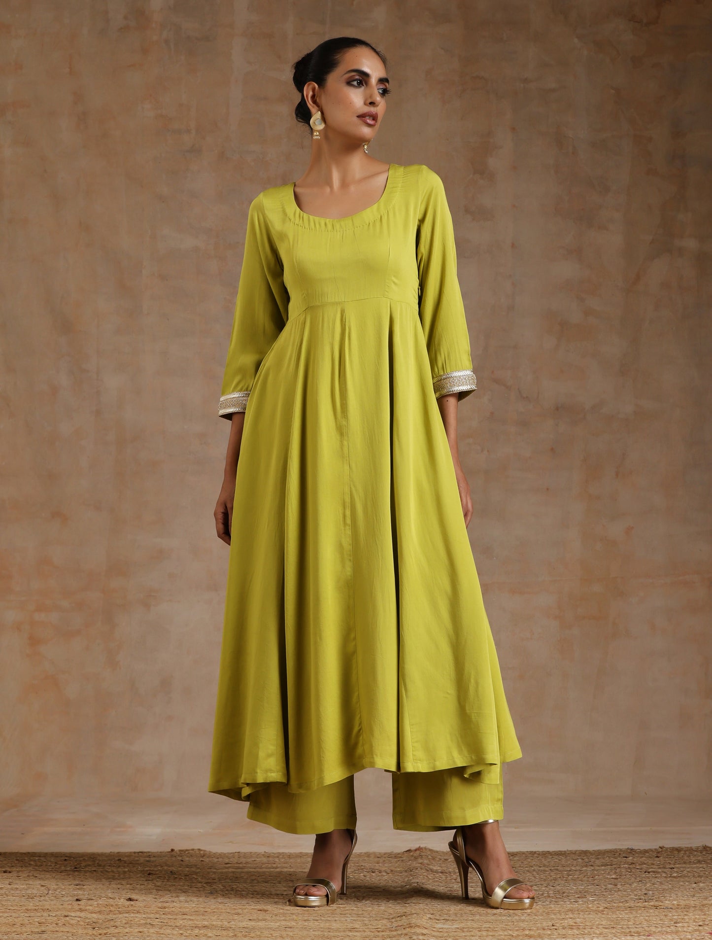 trueBrowns Lime Modal Satin Anarkali Set | Swadesiicart