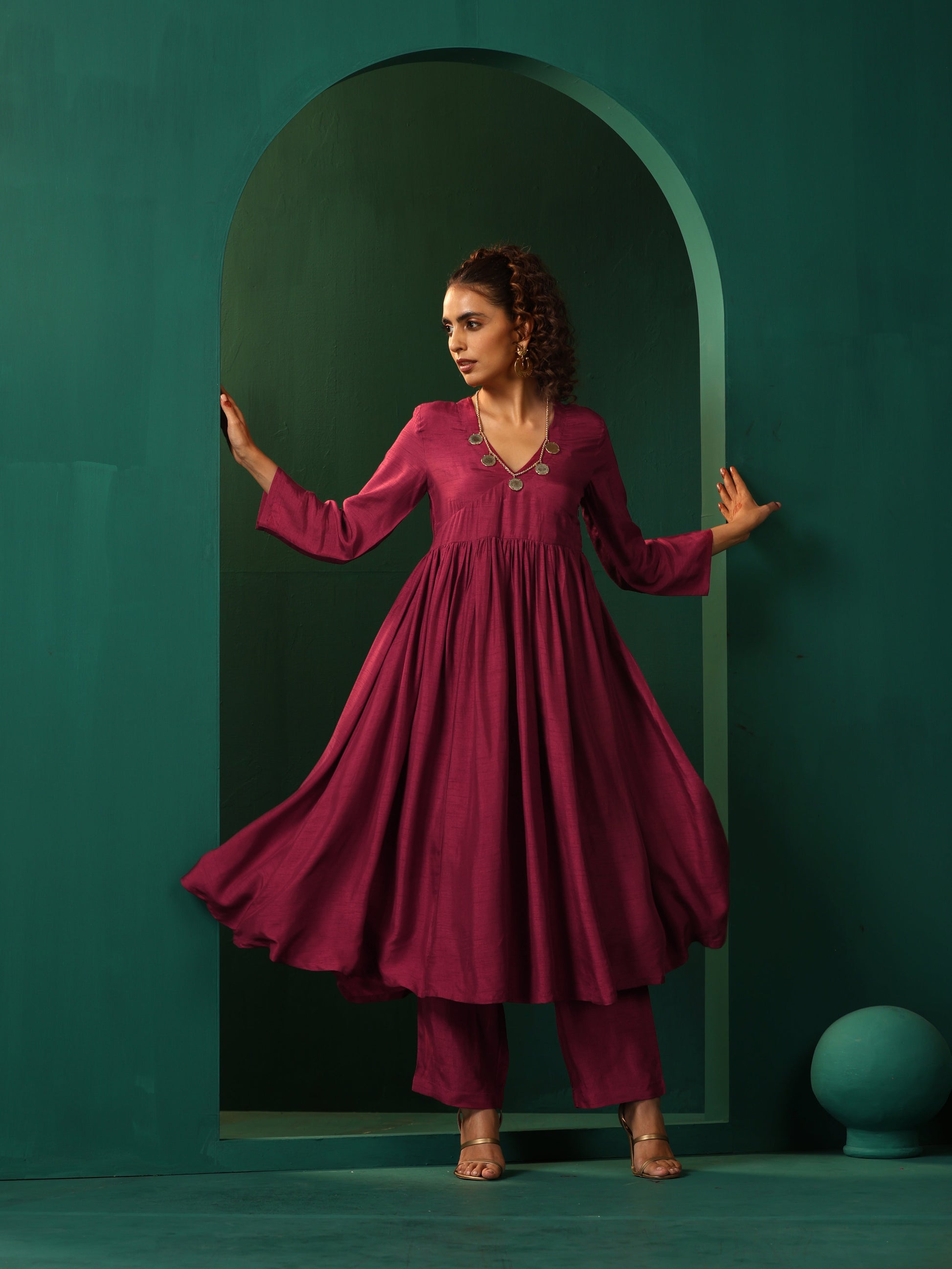 trueBrowns Maroon Silk Angrakha Kurta Pant Set | Swadesiicart
