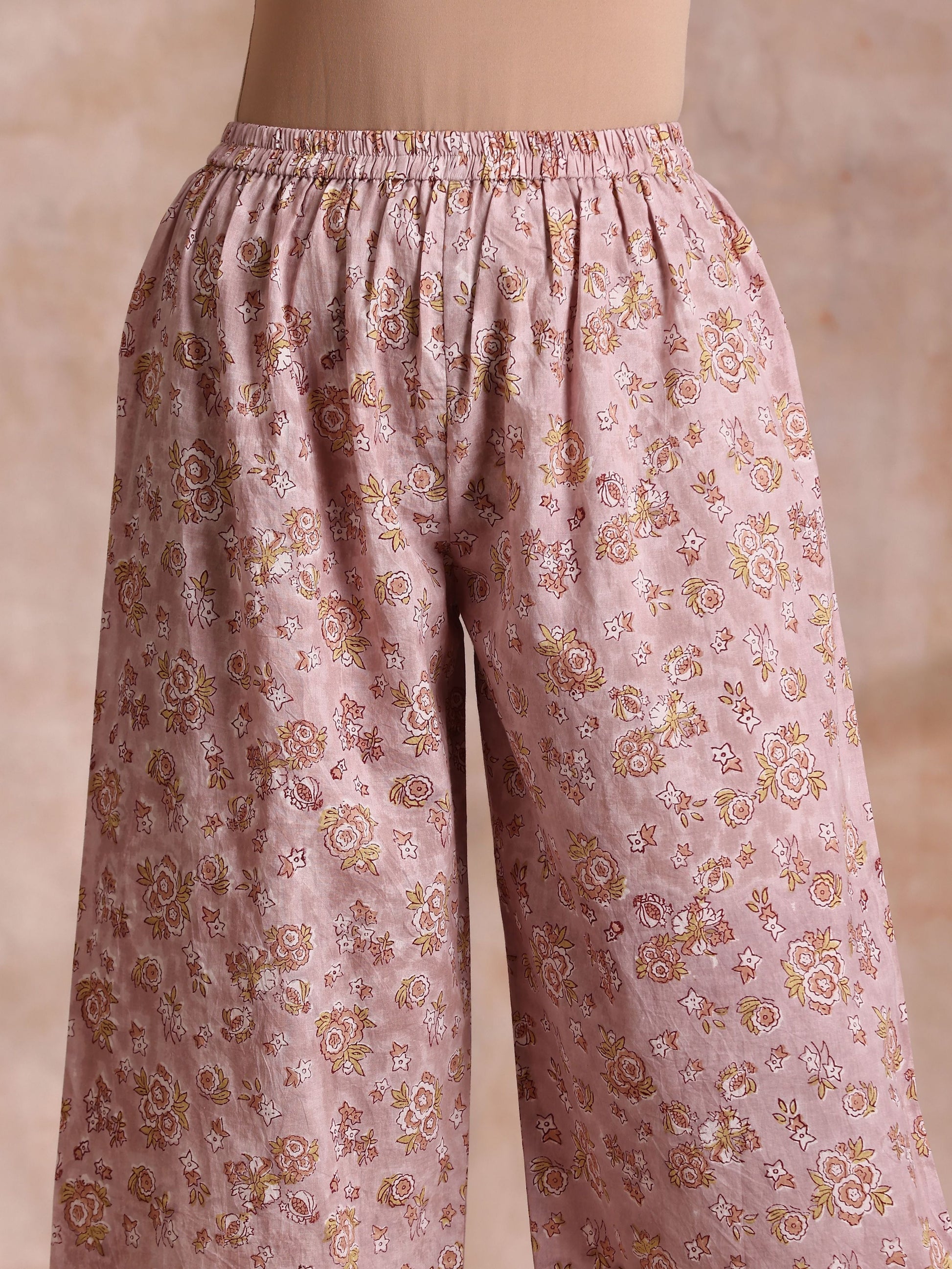 trueBrowns Grey Overall Floral Block Print Cotton High-Low Co-Ord Set - Swadesiicart