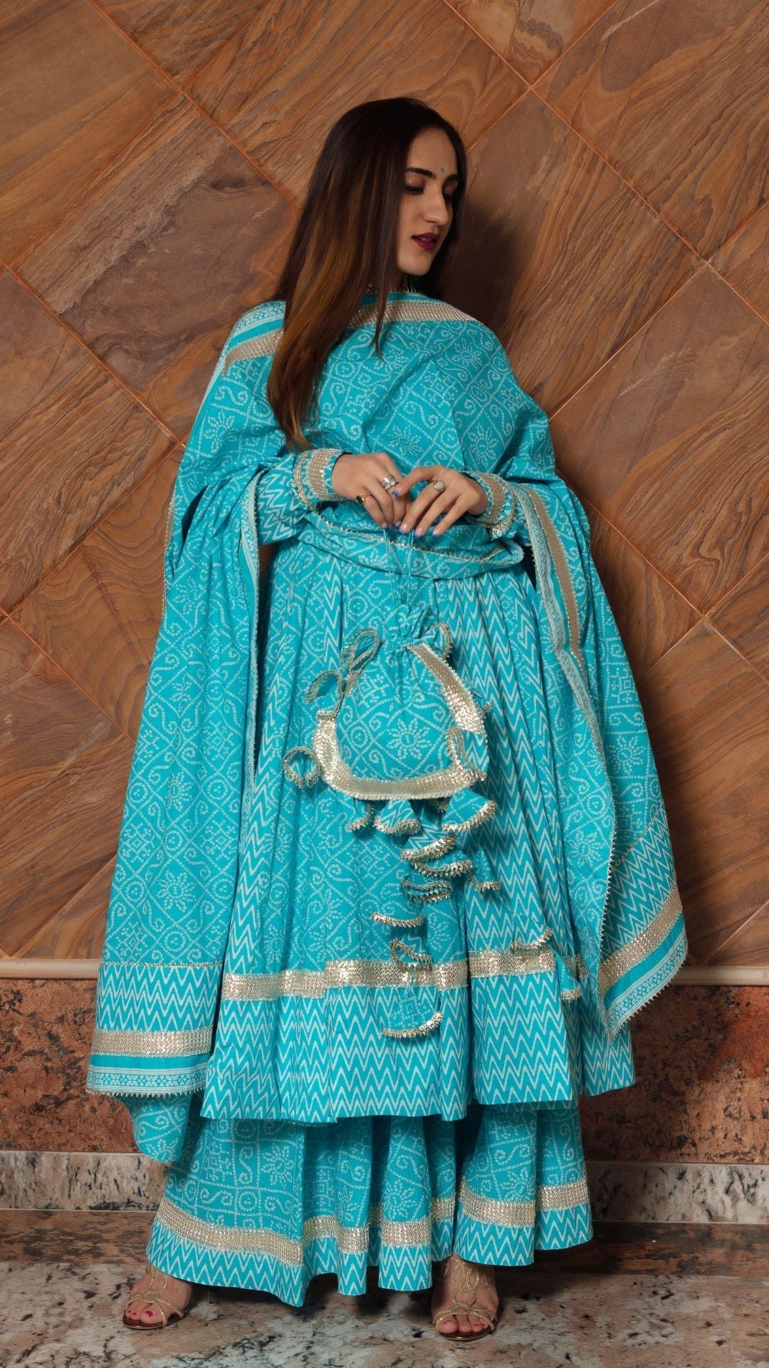 Pomcha Jaipur Neelkari Blue Cotton Anarkali Set | Swadesiicart