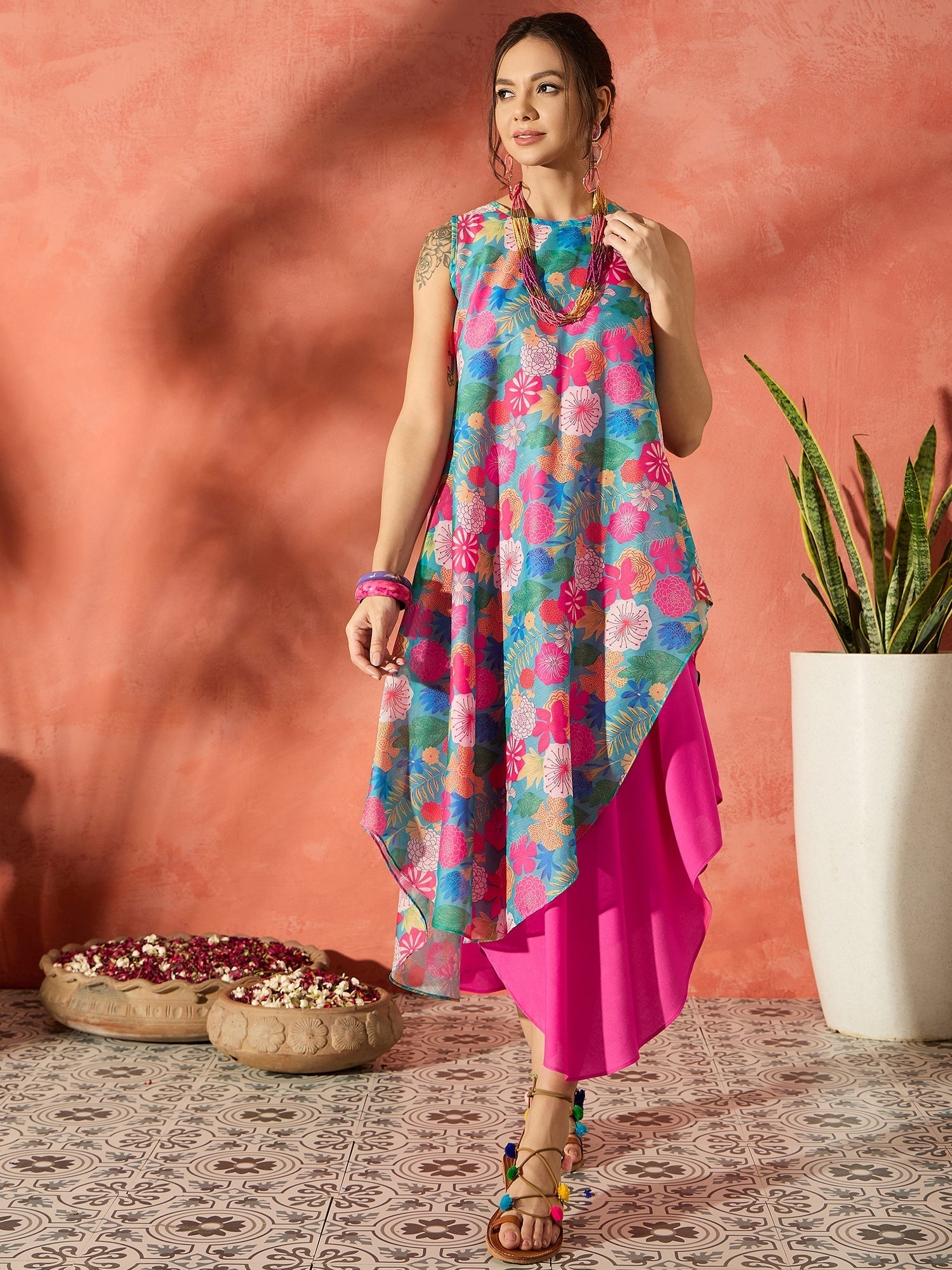 InWeave Blue Floral Fuchsia Asymmetrical Dress - Swadesiicart