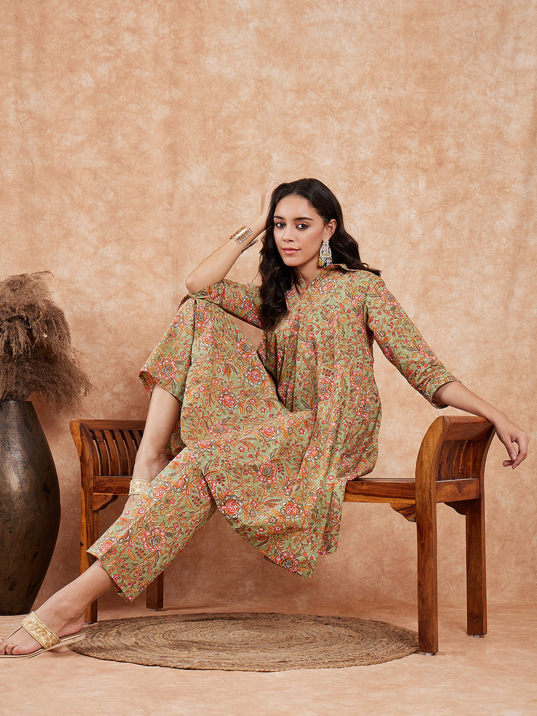 InWeave Women's Pear Green Orange Floral Print Flared Kurta Pant Set - Swadesiicart