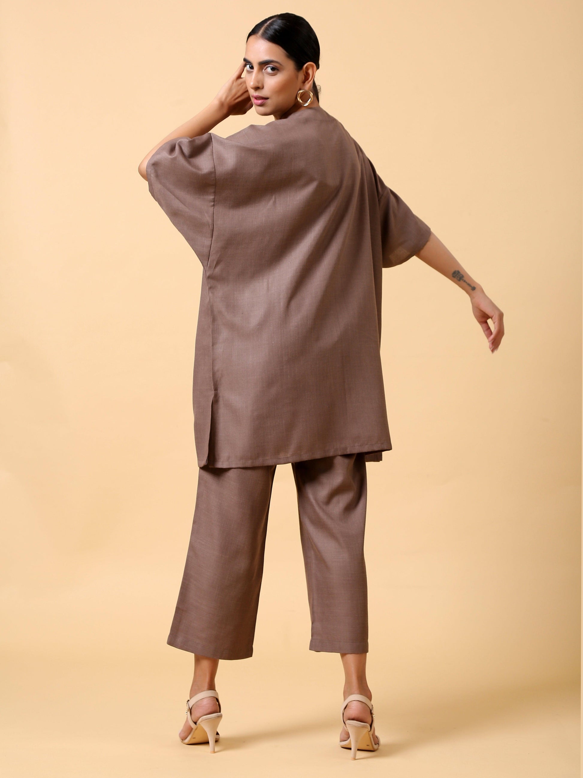 trueBrowns Cotton Linen Burnt Brown Boxy Fit Co-Ord Set - Swadesiicart