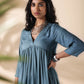 trueBrowns Turquoise Viscose Dobby Flared Kurta Pant Set | Swadesiicart