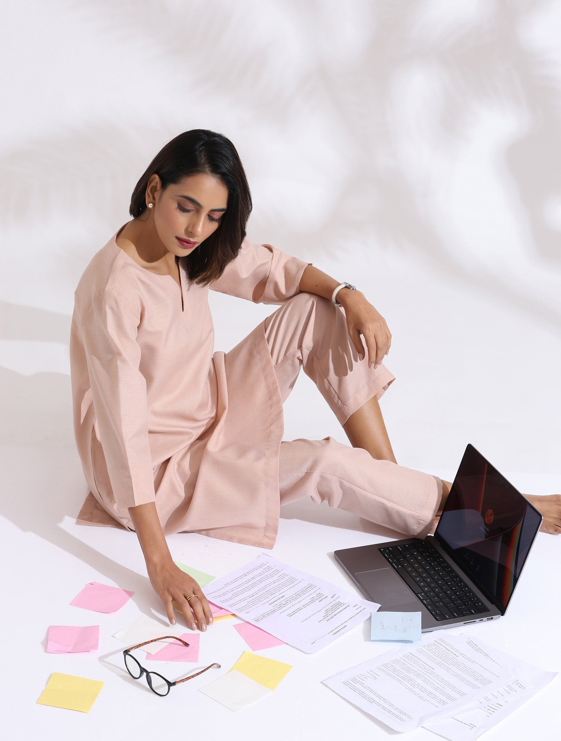 trueBrowns Light Pink Slub Kurta Co-ord Set - Swadesiicart