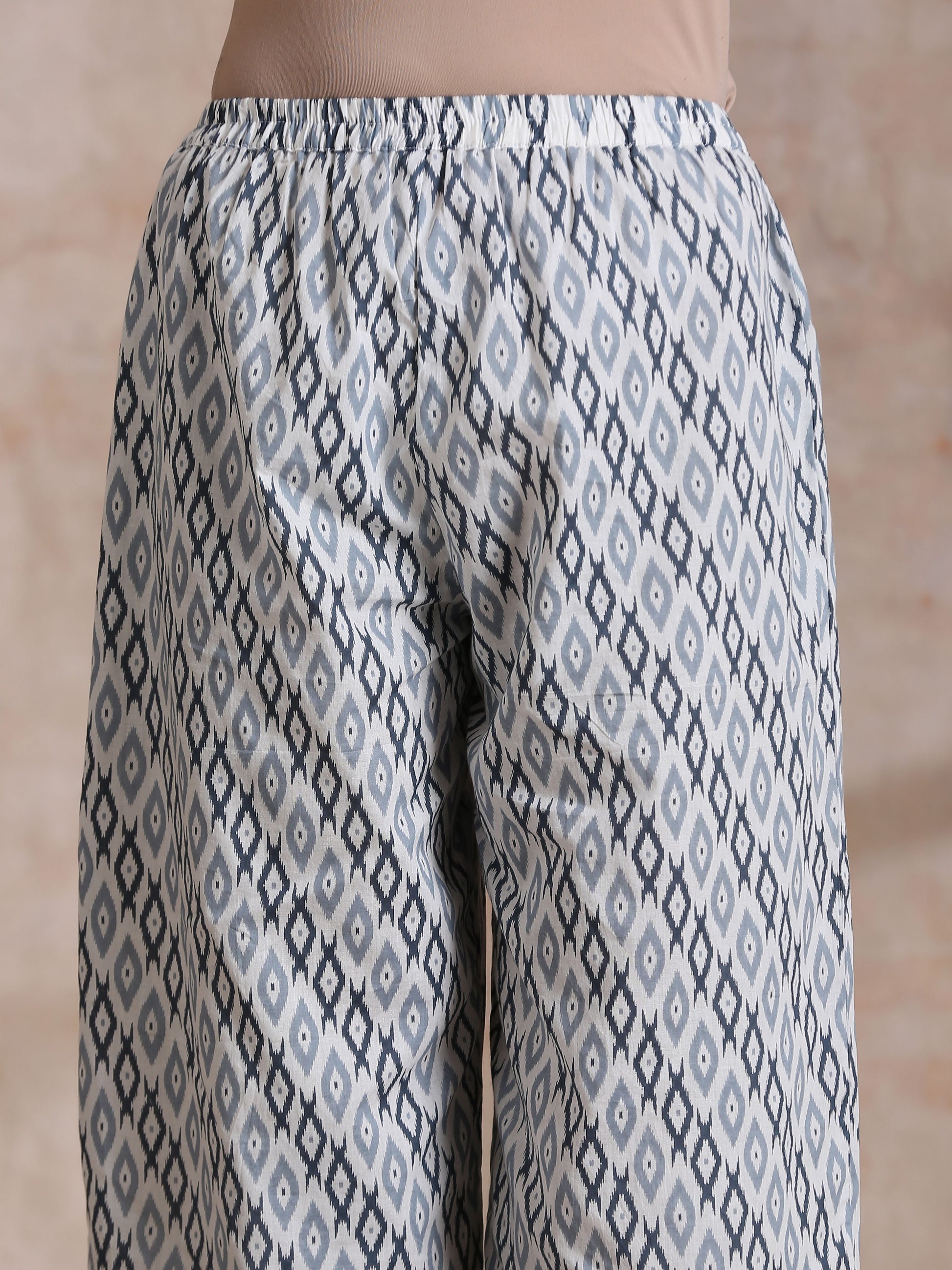 trueBrowns Multi Grey On Grey Ikat Print Cotton High-Low Co-Ord Set - Swadesiicart
