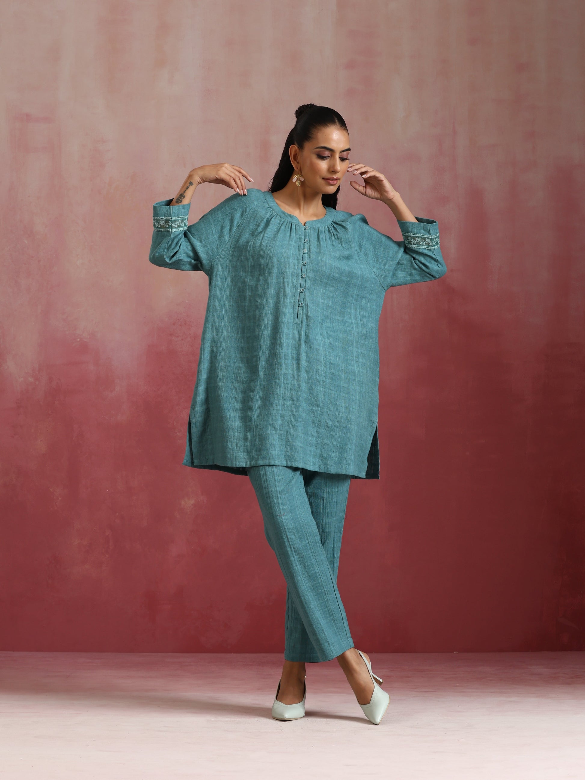 trueBrowns Light Blue Cotton Dobby Co-ord set - Swadesiicart