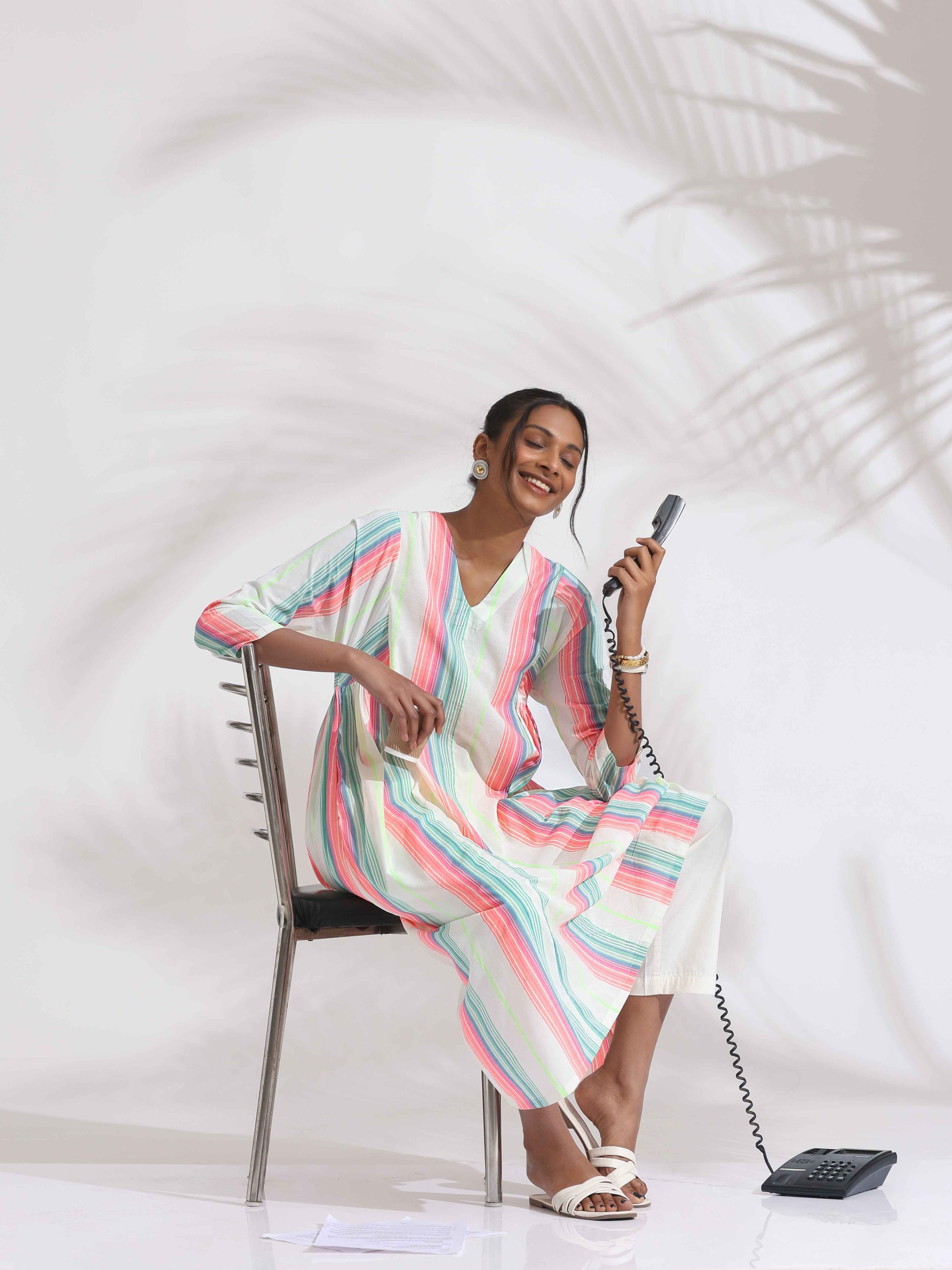 trueBrowns Off-White Cotton Multi Stripe Flared Kurta Set | Swadesiicart