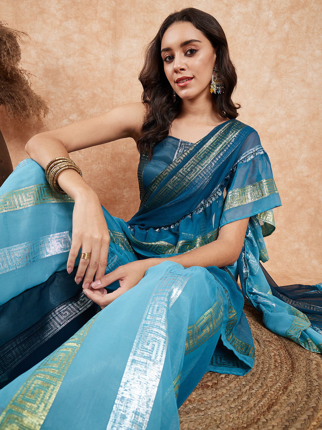 InWeave Women's Teal Shaded Lurex Frill Sharara Saree - Swadesiicart