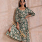 trueBrowns Fern Green Overall Floral Block Print Cotton Square Neck Dress | Swadesiicart