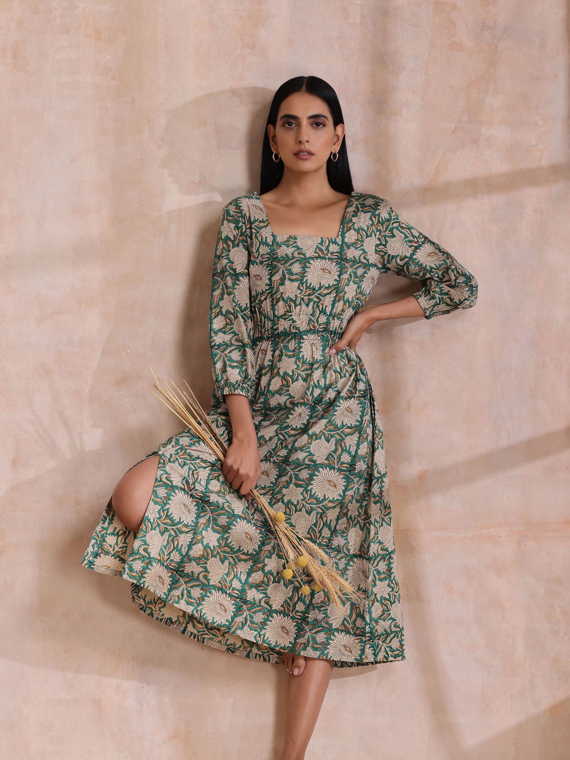 trueBrowns Fern Green Overall Floral Block Print Cotton Square Neck Dress | Swadesiicart