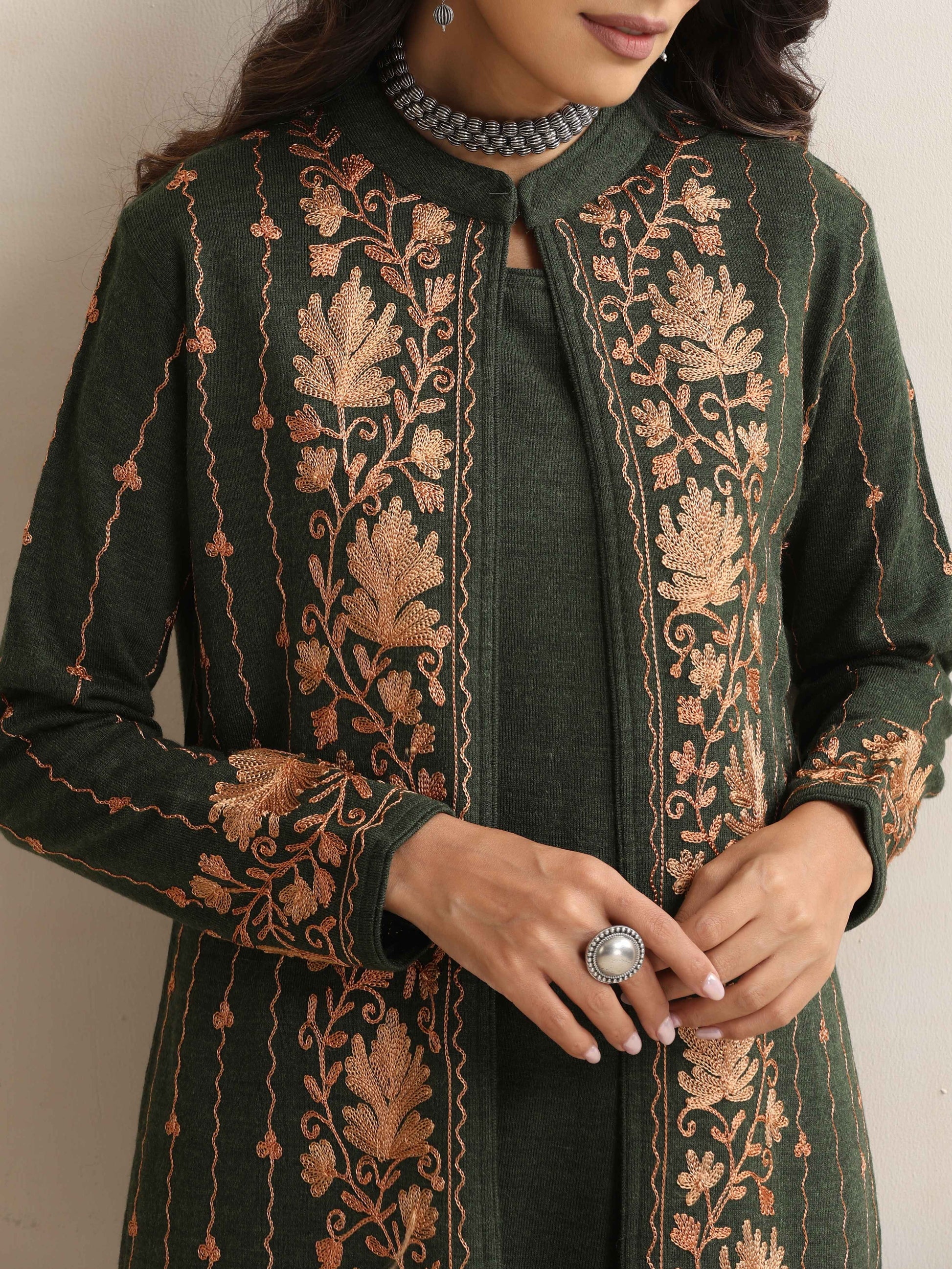 trueBrowns Green Kashmiri Woollen Jacket 3pc Set | Swadesiicart