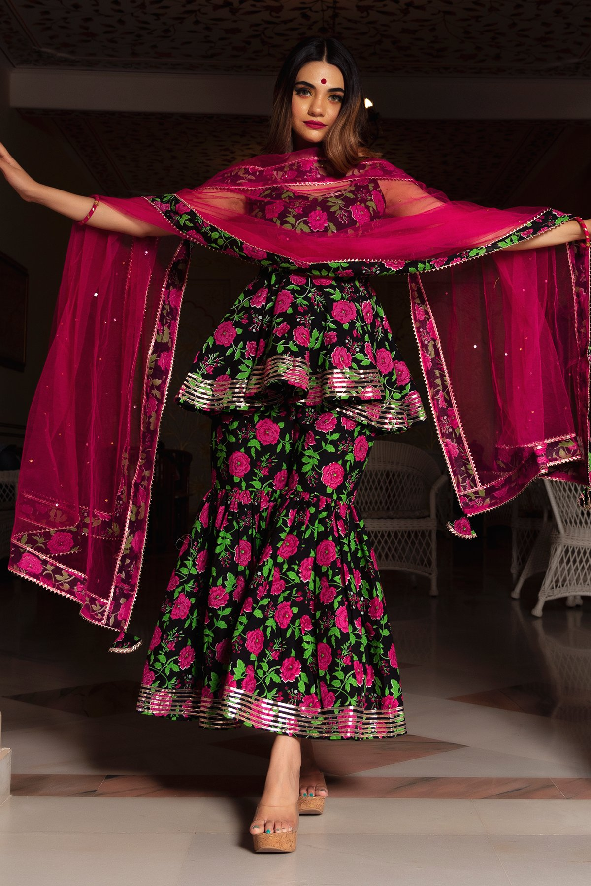 Pomcha Jaipur Gulmohar Cotton Hand Block Sharara Set | Swadesiicart