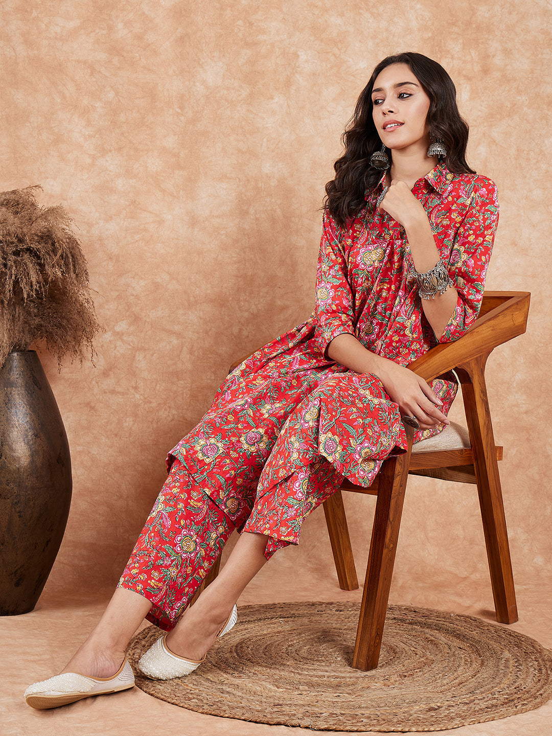 InWeave Women's Red Yellow Floral Print Flared Kurta Pant Set - Swadesiicart