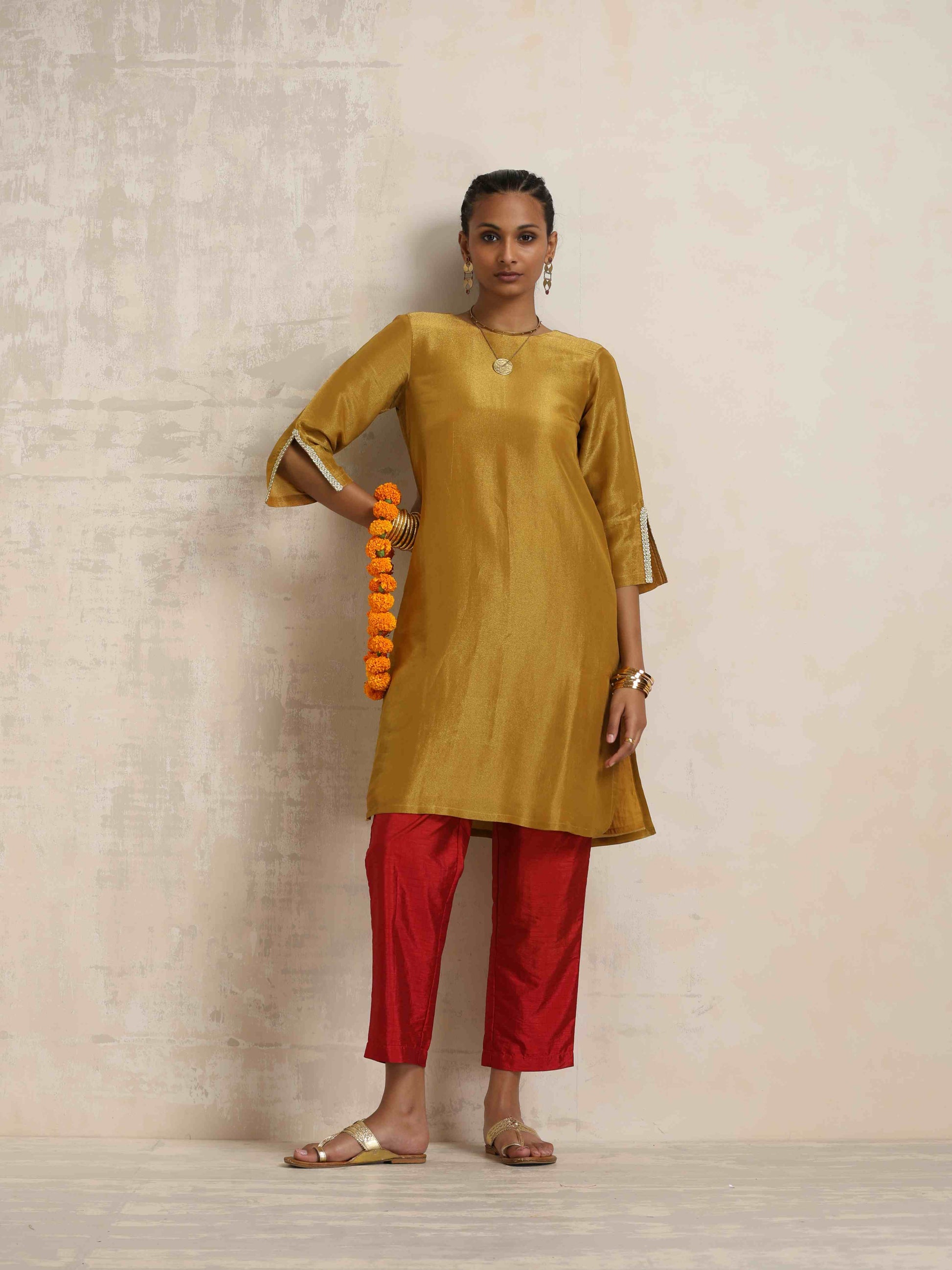 trueBrowns Gold Tissue Kurta Co-ord Set - Swadesiicart