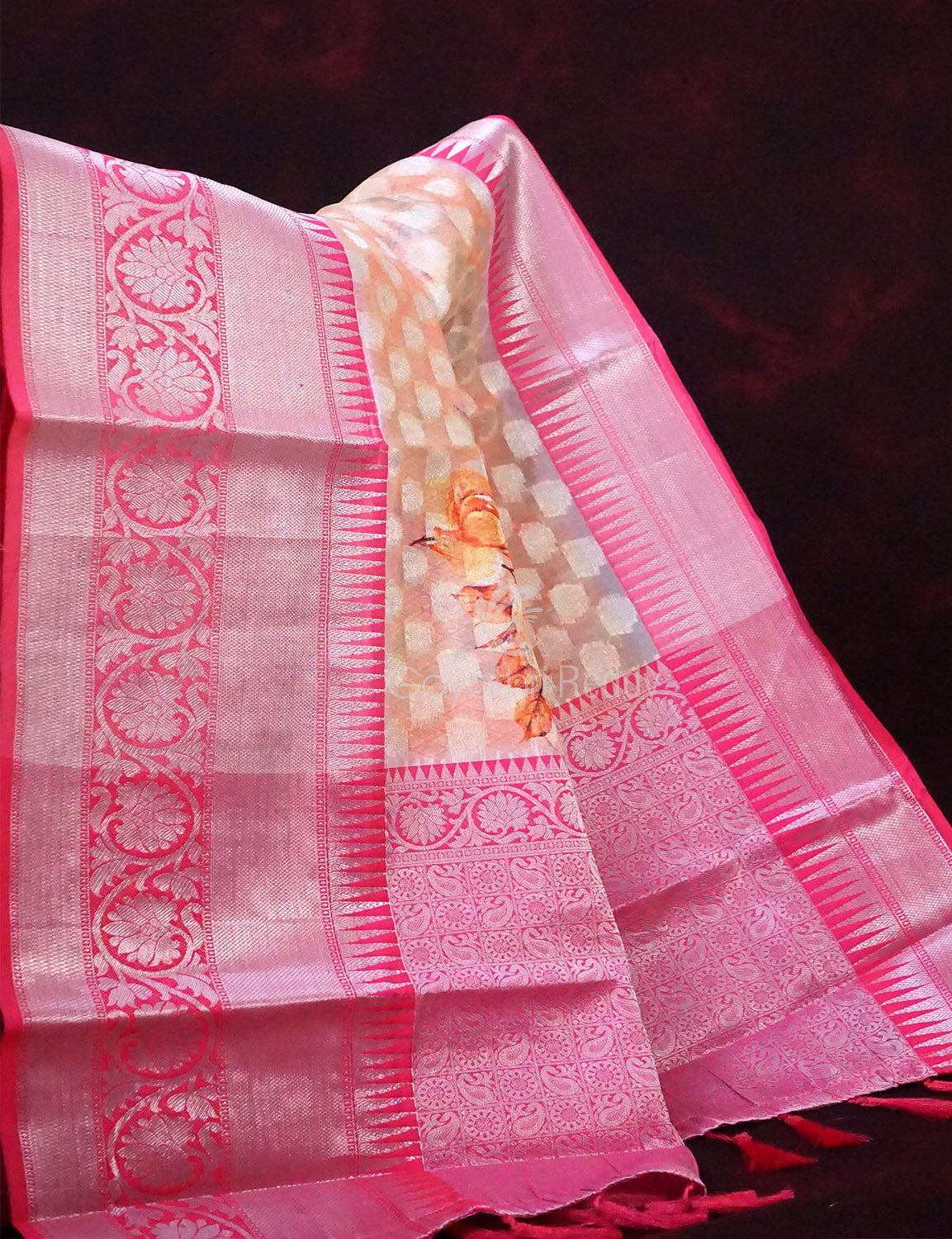 Pastel Wheat Banaras Border Buttes Floral Design Banarasi Semi Silk Saree By Gayathri Reddy Designer Studio | Swadesiicart