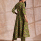 trueBrowns Lime Green Overall Pink Floral Block Print Cotton Flared Kurta Pant Set | Swadesiicart