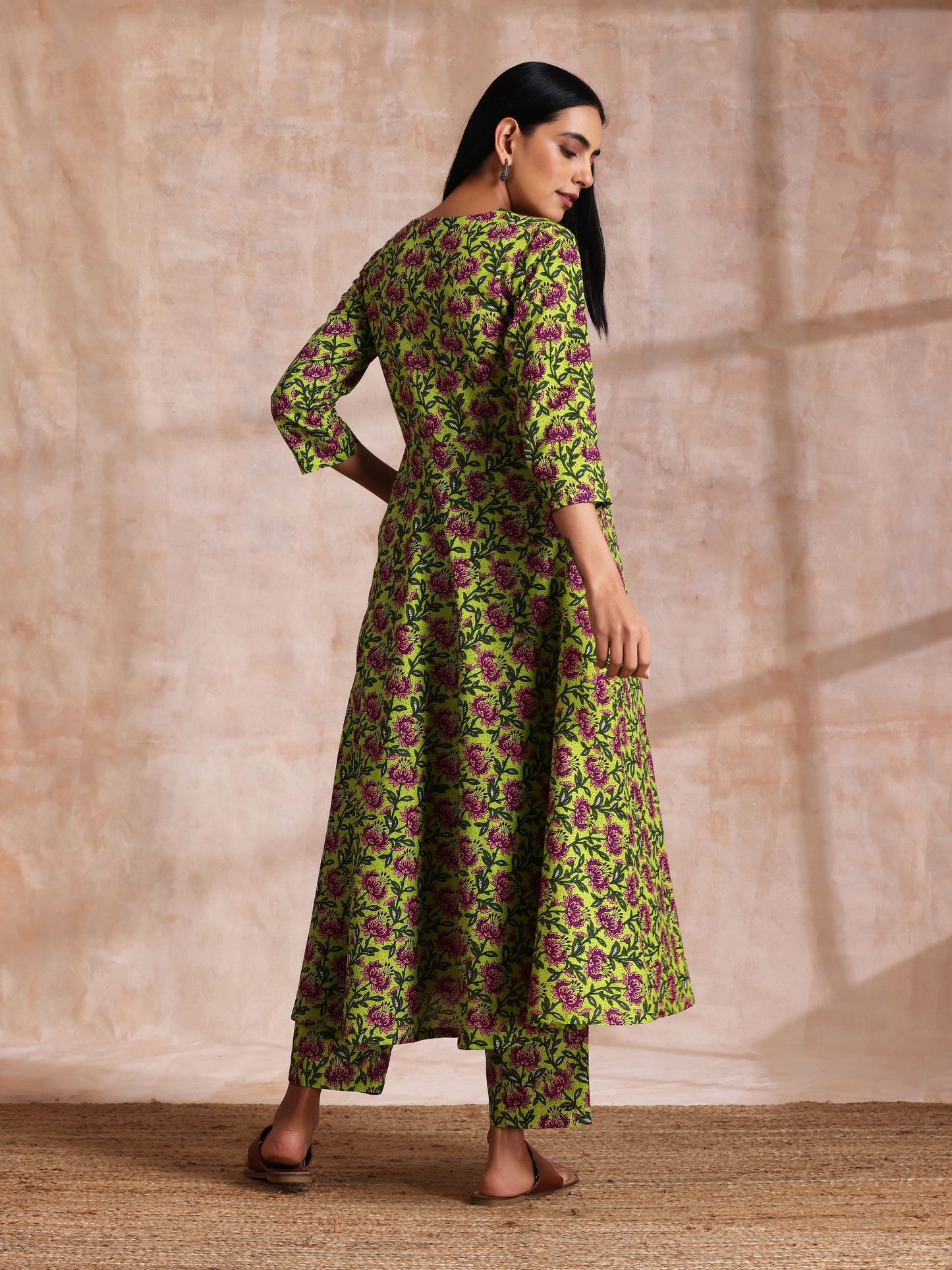 trueBrowns Lime Green Overall Pink Floral Block Print Cotton Flared Kurta Pant Set | Swadesiicart