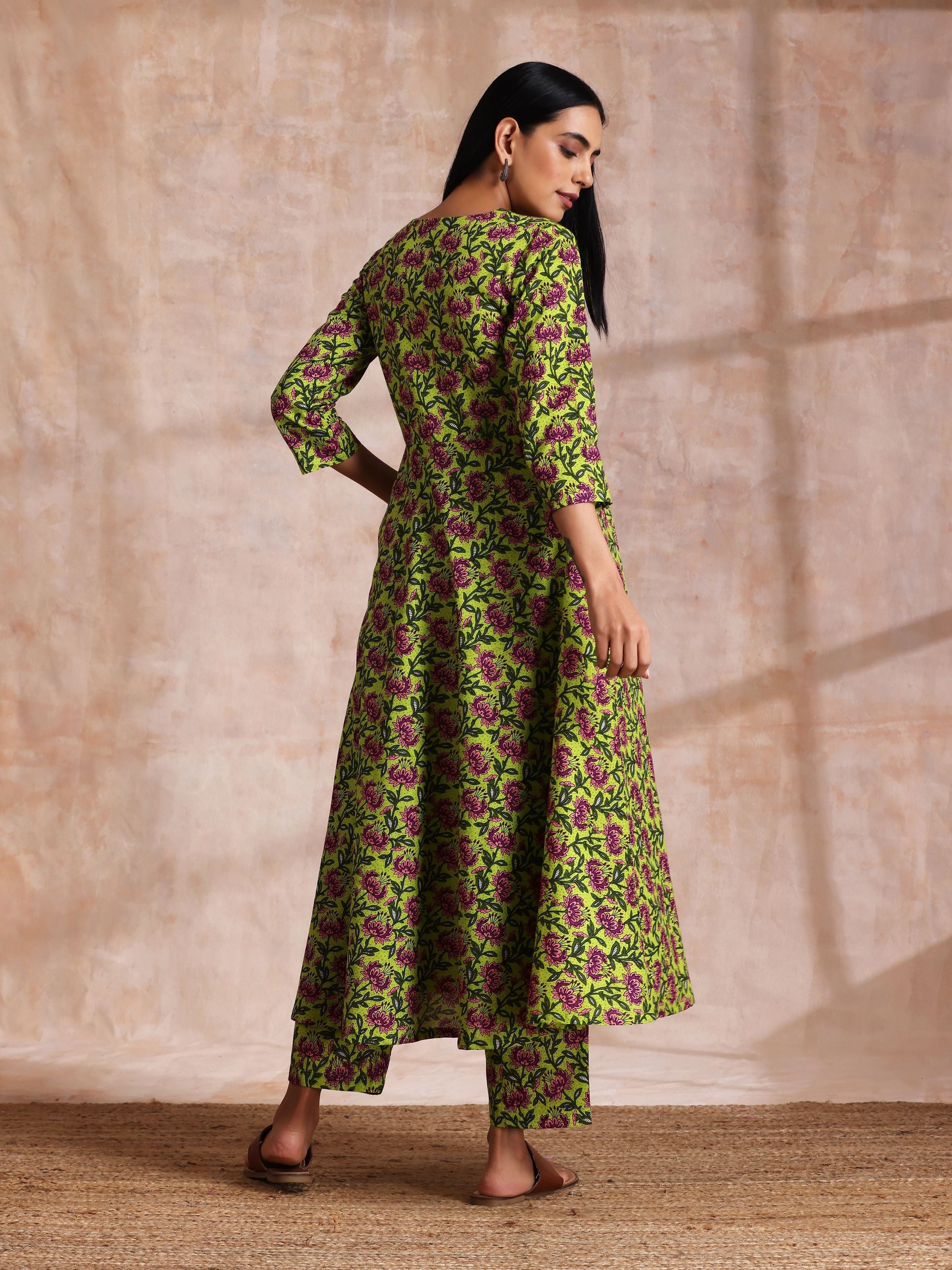 trueBrowns Lime Green Overall Pink Floral Block Print Cotton Flared Kurta Pant Set | Swadesiicart