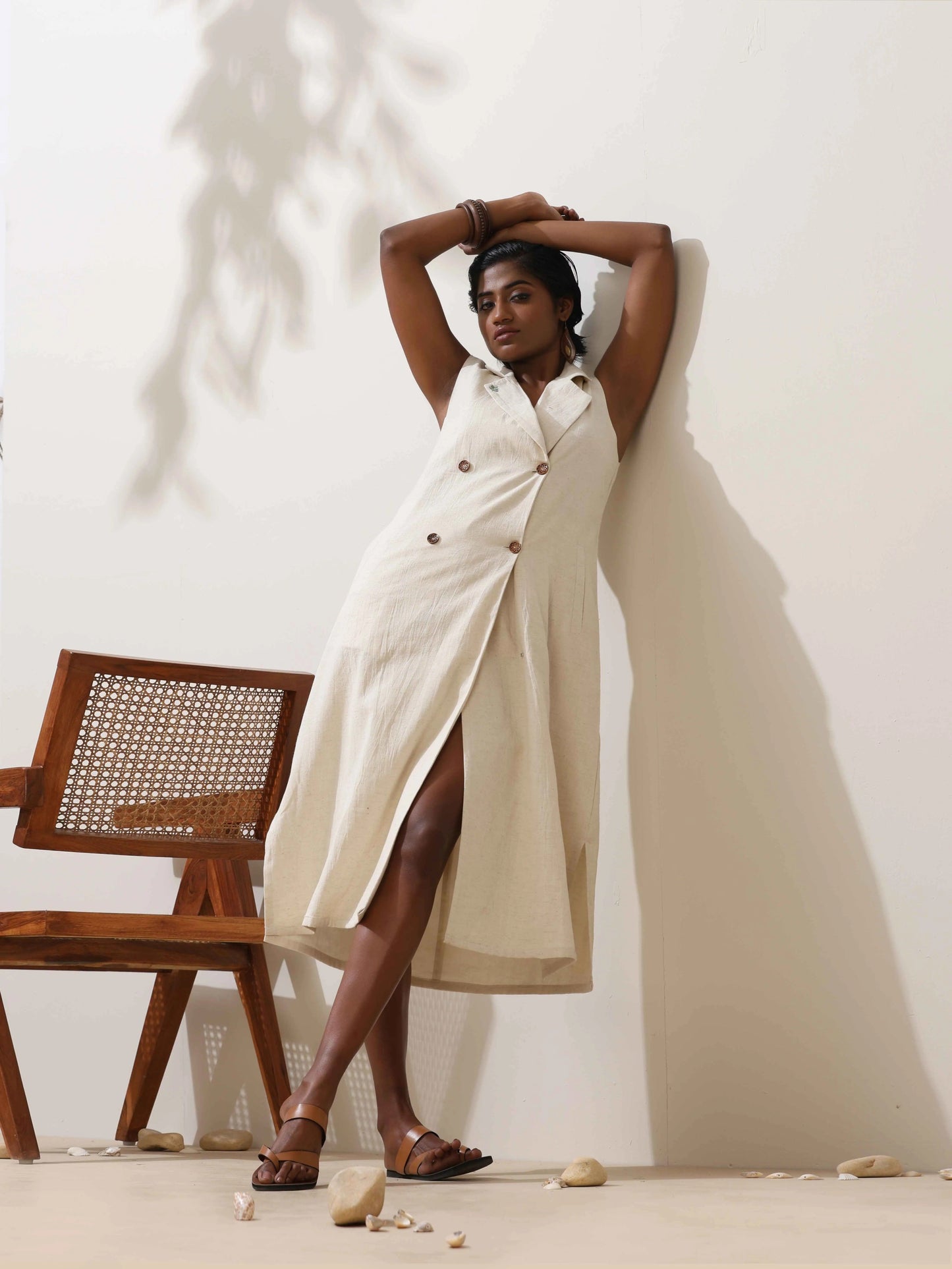 trueBrowns Off-White Cotton Linen Dress | Swadesiicart