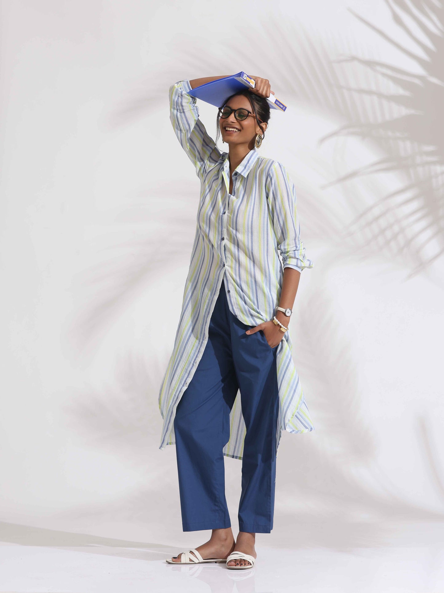 trueBrowns White Cotton Multi Stripe Shirt Kurta Set | Swadesiicart